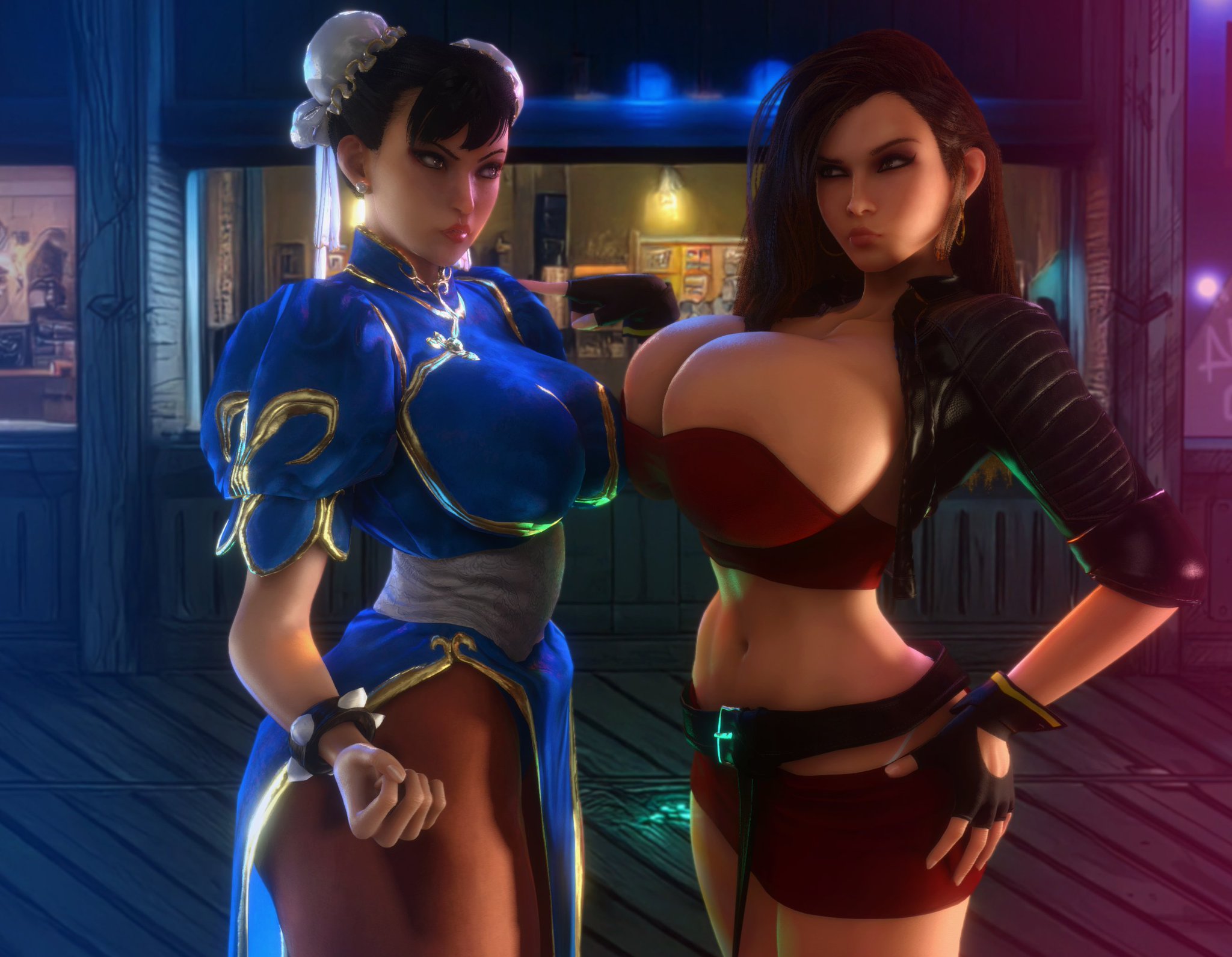 2girls, big ass, big breasts, blaze fielding, breasts, brown hair, bust, busty, capcom, chest, chun-li, cleavage, crossover, curvaceous, curvy, curvy figure, digital media (artwork), female, fingerless gloves, gloves, hips, hourglass figure, huge ass, huge breasts, large ass, large breasts, legs, light skin, light-skinned female, mature, mature female, pantyhose, slim waist, street fighter, street fighter 6, street fighter ii, streets of rage, streets of rage 4, thick, thick hips, thick legs, thick thighs, thighs, vaako, voluptuous, waist, wide hips