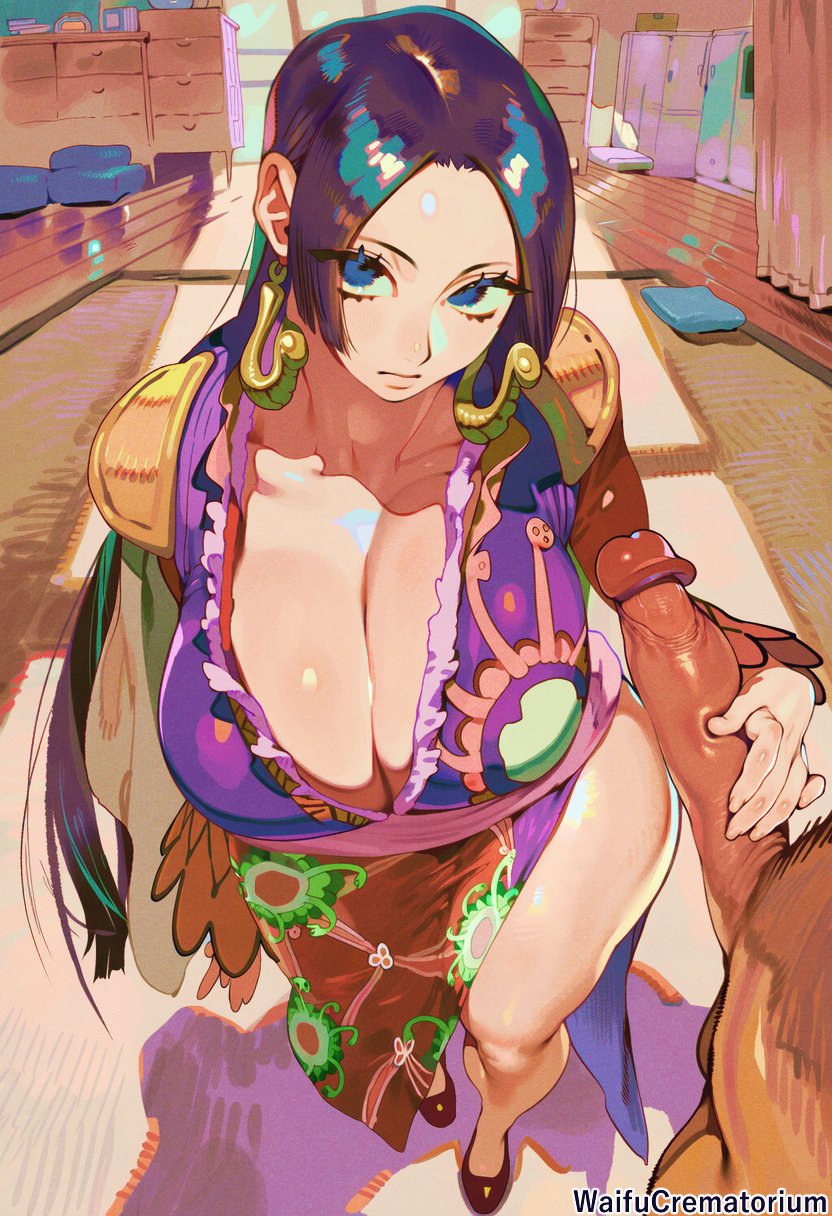1boy, 1girls, ai assisted, ai generated, areola, areolae, ass, big breasts, big nipples, black hair, black-haired female, blush, boa hancock, breast focus, breasts, breasts out, clothing, curvy, curvy body, dark nipples, female, figure, flashing, flashing breasts, handjob, huge breasts, large breasts, looking at viewer, male, one piece, penis, sagging breasts, solo, solo female, solo focus, sweat, waifucrematorium
