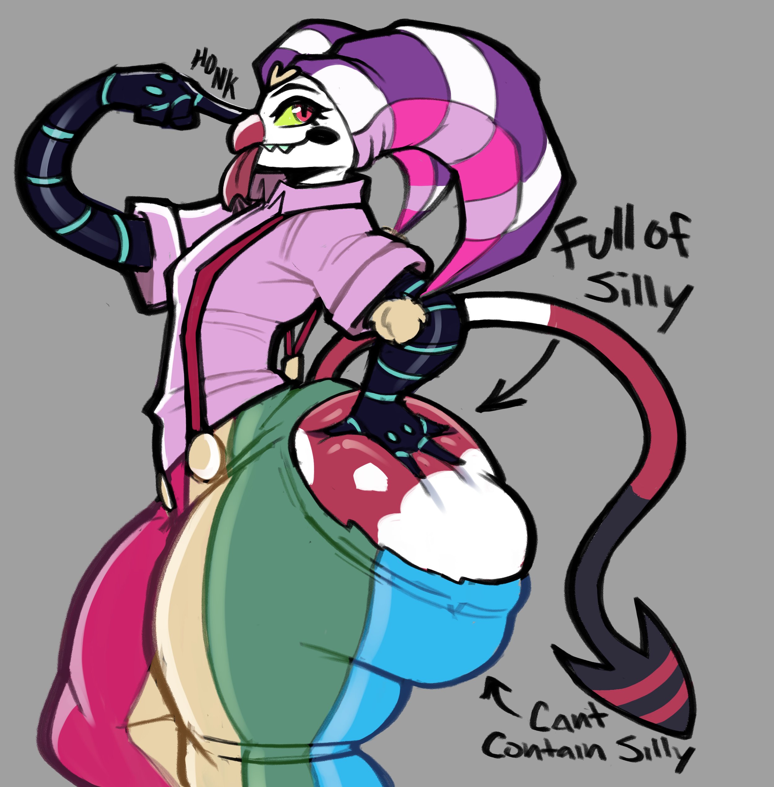 1boy, 2d, ass, big ass, big ass (male), big butt, clothing, clown, cocked hip, demon, english text, evil container, fat ass, fat butt, femboy, fizzarolli (helluva boss), fully clothed, girly, hand on ass, hellaverse, helluva boss, imp, looking at viewer, male, male only, nathanatwar, nonhuman, onomatopoeia, simple background, tagme, tail, thick thighs, tight pants, twitter meme, whateverdoes