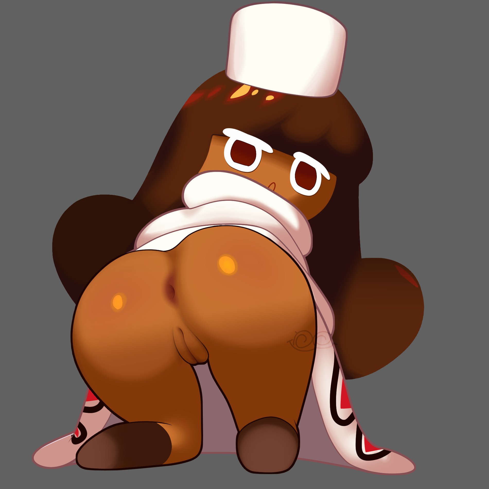 accurate art style, all fours, asshole, bubble butt, cocoa cookie, confused look, cookie run, cookie run kingdom, female, female only, kerotheklutz, looking at viewer, naive, pussy, upskirt