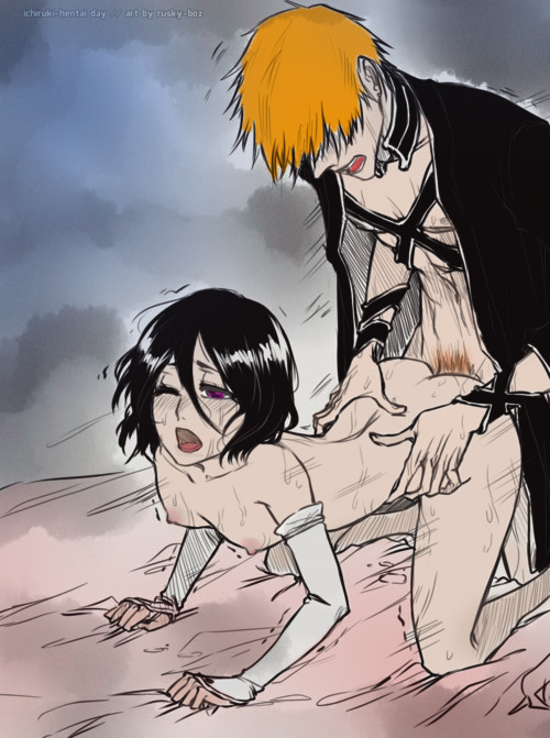 all_fours bed_sheet black_hair bleach doggy_style ichigo_kurosaki kuchiki_rukia larger_male orange_hair romantic rusky smaller_female wholesome