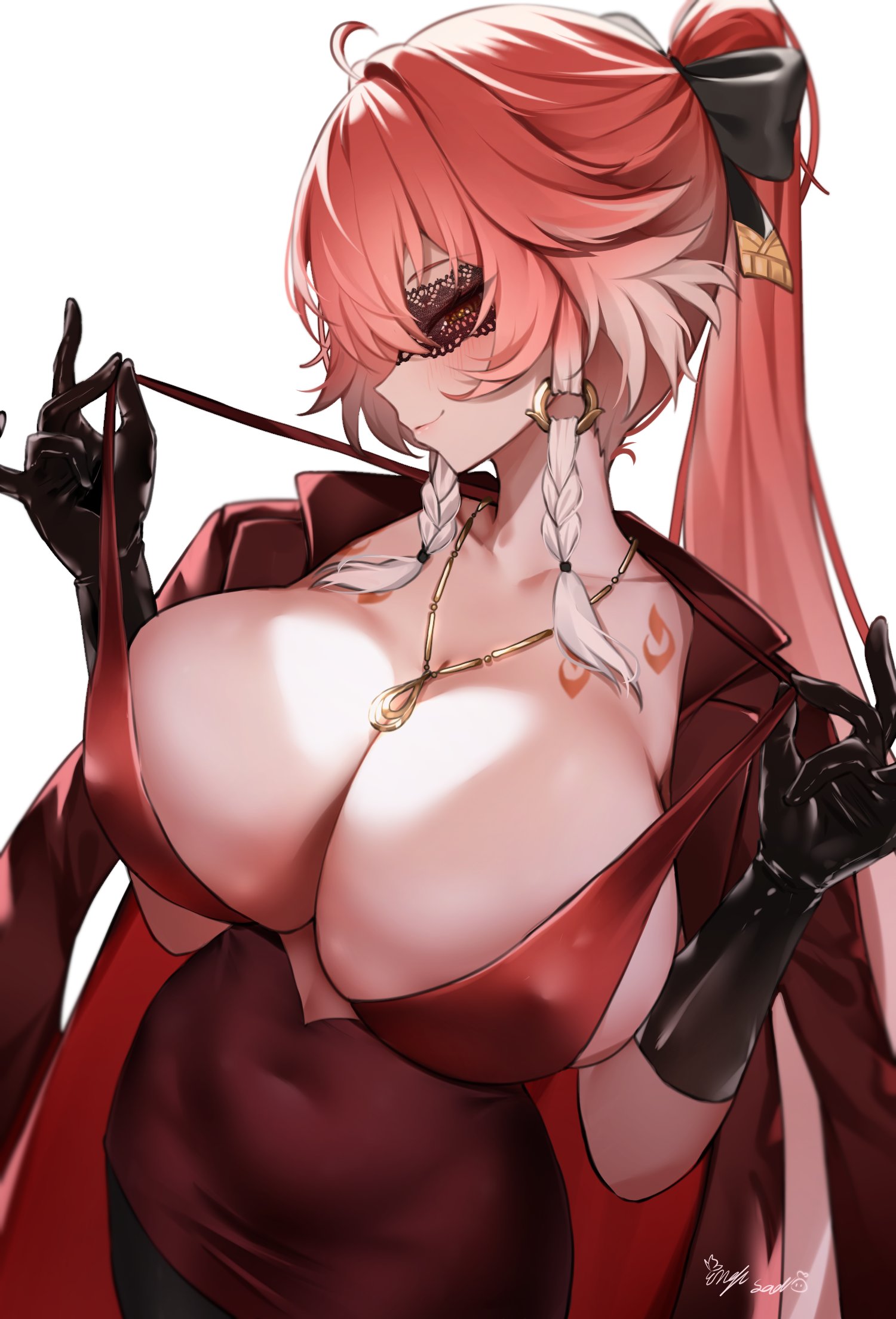 ahoge, black bow, black gloves, blush, body markings, bow, braid, breasts, changli (wuthering waves), cleavage, closed mouth, coat, coat on shoulders, collarbone, commentary, covered erect nipples, covered navel, dress, female, gloves, hair extensions, hairbow, highres, huge breasts, jewelry, lace blindfold, long hair, multicolored hair, necklace, pink hair, ponytail, red coat, red dress, ring hair extensions, signature, simple background, smile, solo, strap lift, suraimuvmv, symbol-only commentary, twin braids, two-tone hair, very long hair, white background, white hair, wuthering waves