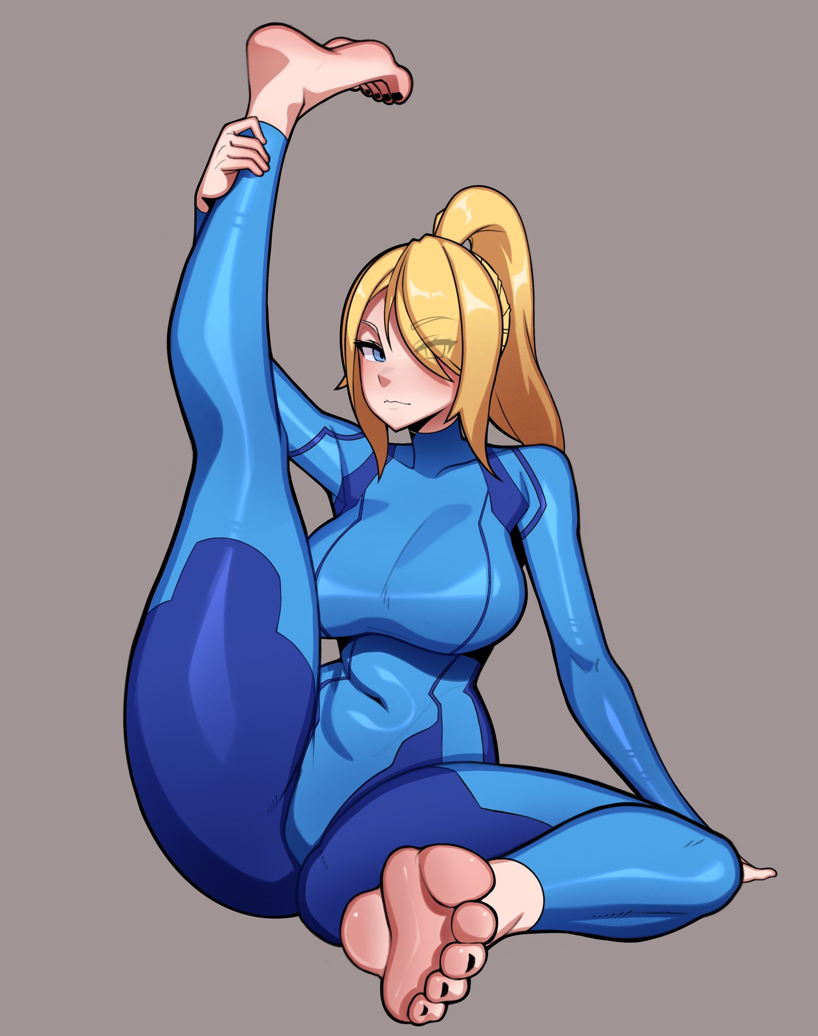 black toenails, blonde hair, blue eyes, feet, female, foot fetish, kouy, leg up, metroid, samus aran, skin tight, sole female, soles, spandex