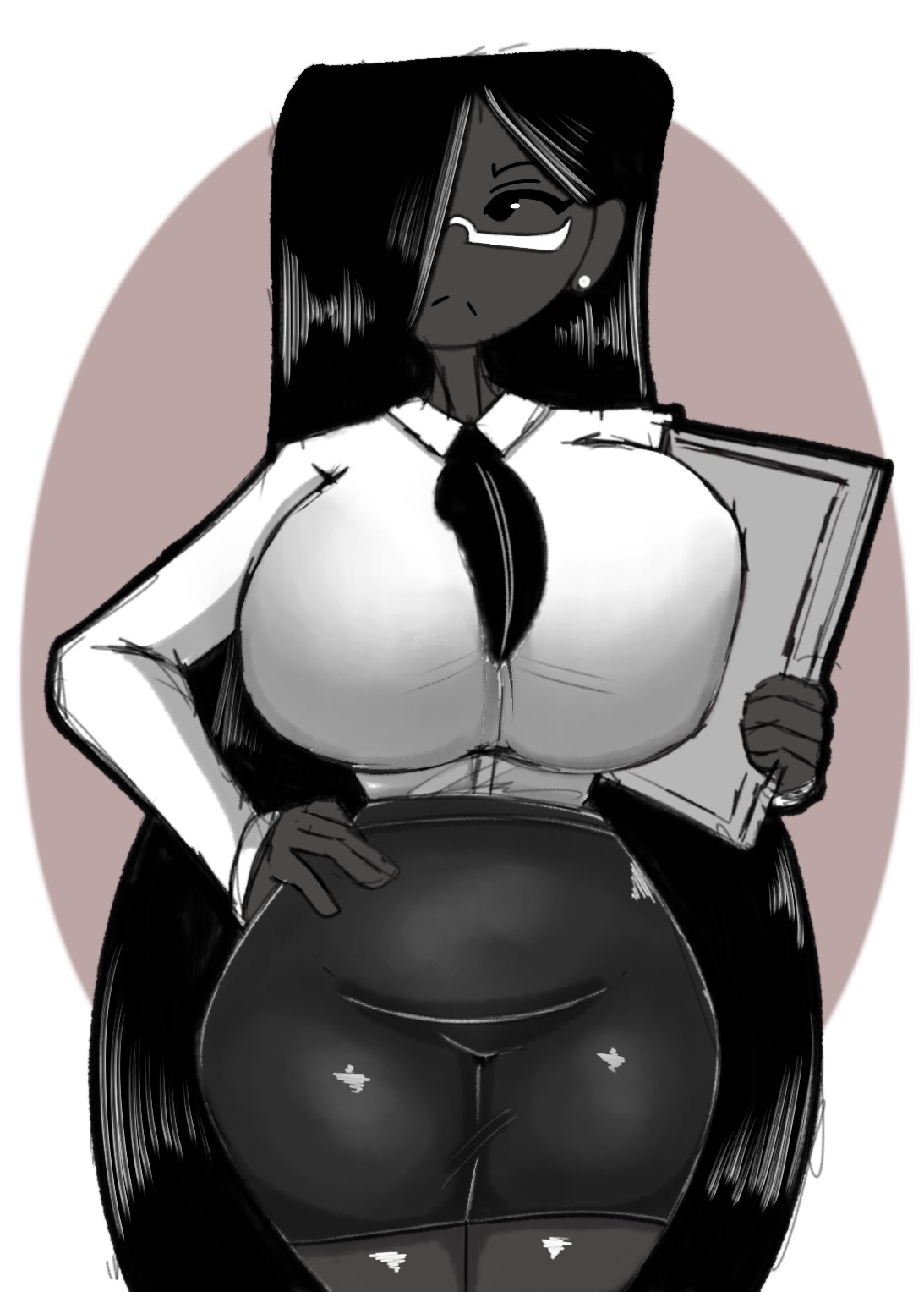 acubedpersonoid, big breasts, black hair, breasts, breasts bigger than head, glasses, office lady, office lady (atastic), papers, skirt, stockings, thick thighs
