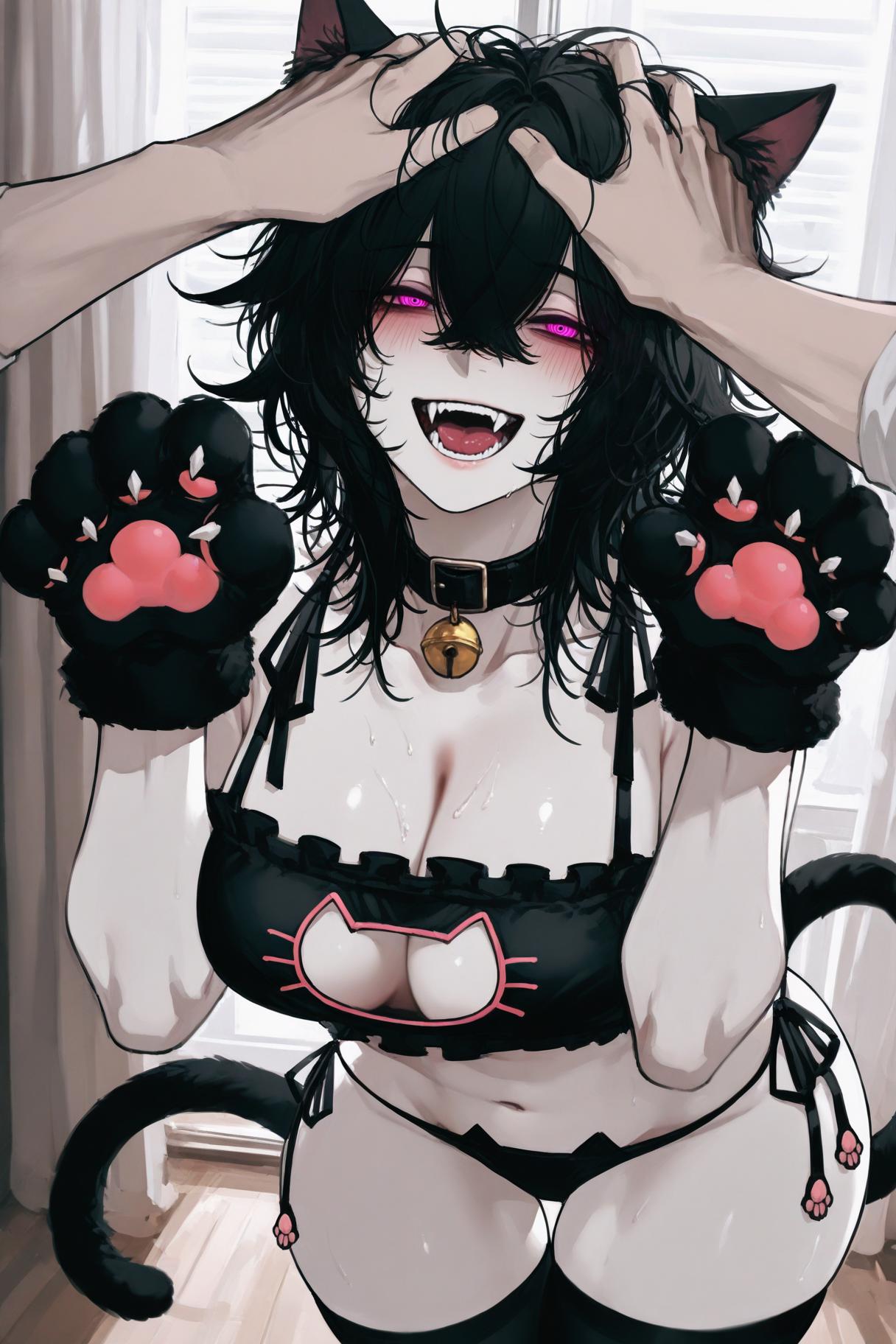 1girls, ai, ai art, ai generated, ai-created, black bra, black hair, black panties, breasts, cat ears, cat lingerie, cat paws, cat pose, cat tail, collar, collar bell, cowboy shot, deviantart link, fangs, female, hair between eyes, half-closed eyes, hands on head, indoors, leather collar, light skin, light-skinned female, lingerie, looking at viewer, looking up, medium breasts, medium hair, messy hair, oc, open mouth, original character, pale skin, pale-skinned female, panties, paws, pov, purple eyes, smile, tail, thick thighs, uersor, white skin, wide hips