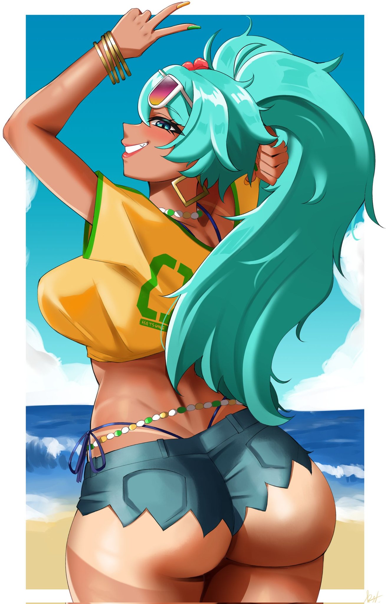 1girl, 1girls, aqua eyes, aqua hair, arms up, ass, bangle, beach, big breasts, bikini, blue eyes, blue sky, blush, bracelet, brazilian miku, breasts, clarkekitsp, cloud, cowboy shot, crop top, dark skin, dark-skinned female, day, denim, denim shorts, earrings, eyewear on head, female, female only, from behind, grin, gyaru, hatsune miku, highleg, hoop earrings, jewelry, large breasts, lips, long hair, looking at viewer, looking back, makeup, nail polish, necklace, ocean, outdoors, ponytail, shirt, short shorts, short sleeves, shorts, sky, smile, solo, sunglasses, swimsuit, tan, tanline, thighs, thong, tinted eyewear, v, vocaloid, yellow shirt