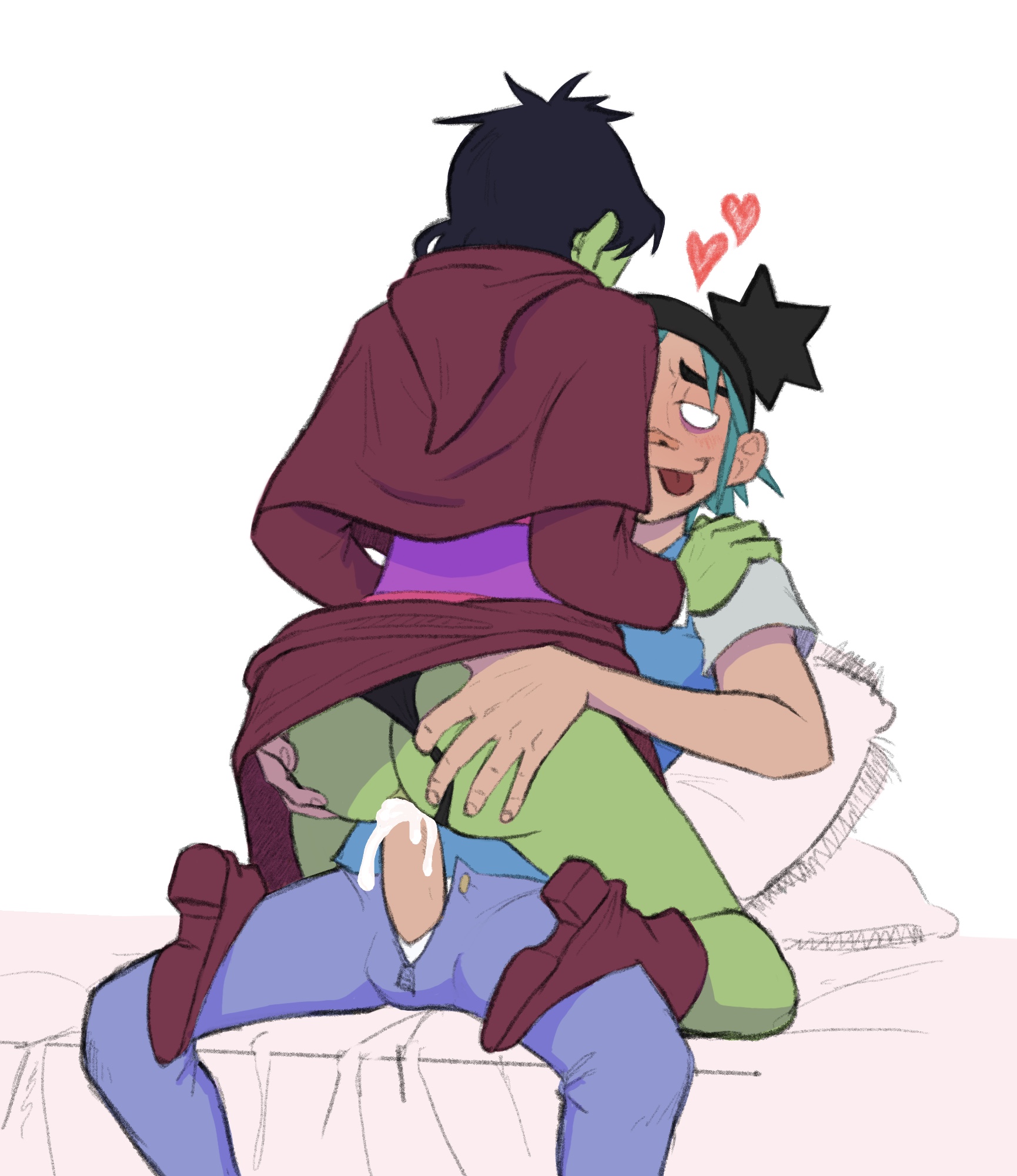 2boys, 2d (cracked island), 2d (gorillaz), black hair, black underwear, blue hair, cum, cum drip, cum in ass, gorillaz, green skin, green skinned male, light skin, light-skinned male, male, male focus, male only, male penetrated, male penetrating, male/male, mefjeff, murdoc niccals, murdoc niccals (cracked island), penetrated, penetrating, penetration, skinny, yaoi