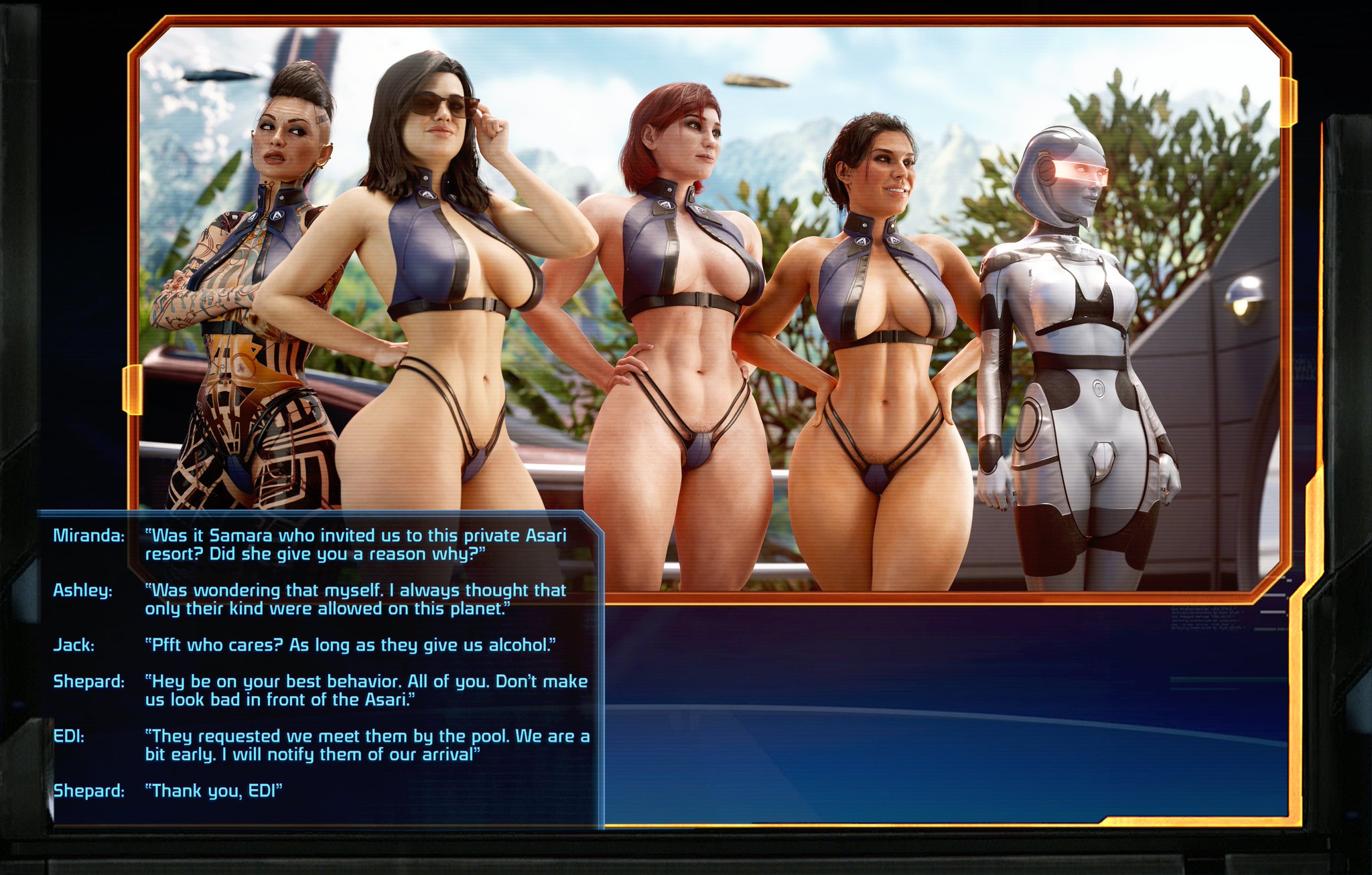 3d, 5girls, artificial intelligence, ashley williams, big breasts, big thighs, bikini, breasts, commander shepard, curvaceous, curvy, curvy figure, dinoboy555, edi, english text, female, female only, femshep, gynoid, hips, huge ass, huge breasts, huge thighs, human, jack (mass effect), jane shepard, large ass, large breasts, large thighs, light skin, light-skinned female, mass effect, mass effect (series), mass effect 2, mass effect 3, miranda lawson, multiple females, multiple girls, robot, robot girl, robot humanoid, slim waist, story, text, thick, thick hips, thick legs, thick thighs, thighs, voluptuous, waist, wide hips, wide thighs