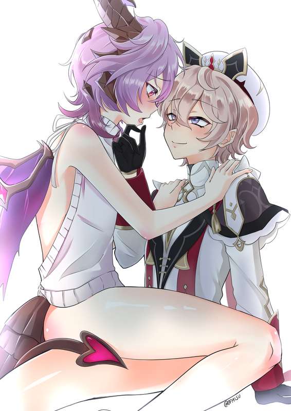 2boys, artist request, boys, chin grab, clothed, dahlia (genshin impact), dragon horns, dragon humanoid, dragon tail, dragon wings, durin (genshin impact), femboy, femboy on femboy, femboy only, femboys, gay, genshin impact, looking down, looking up, male, male only, male/male, mouth open, pink hair, purple eyes, purple hair, sitting on lap, smiling, thighs, yaoi