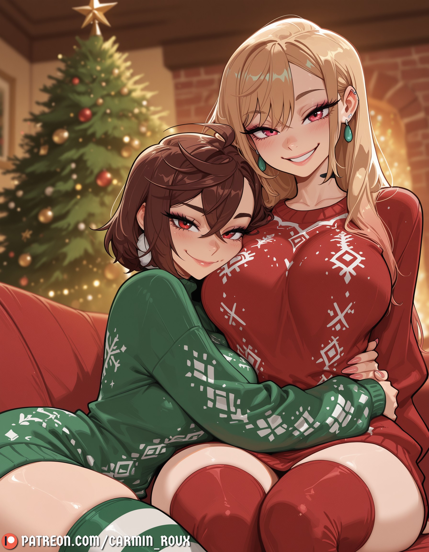 2girls, ai generated, ayase momo, blonde hair, blush, breasts, brown hair, carminroux, choker, christmas, christmas tree, dandadan, ear piercing, earrings, female, female only, green sweater, grin, hug, indoors, jewelry, kitagawa marin, large breasts, long hair, long sleeves, looking at viewer, multiple females, multiple girls, patreon username, piercing, red eyes, red sweater, red thighhighs, short hair, sitting, smile, sono bisque doll wa koi wo suru, striped clothes, striped thighhighs, sweater, thighhighs, thighs, yuri