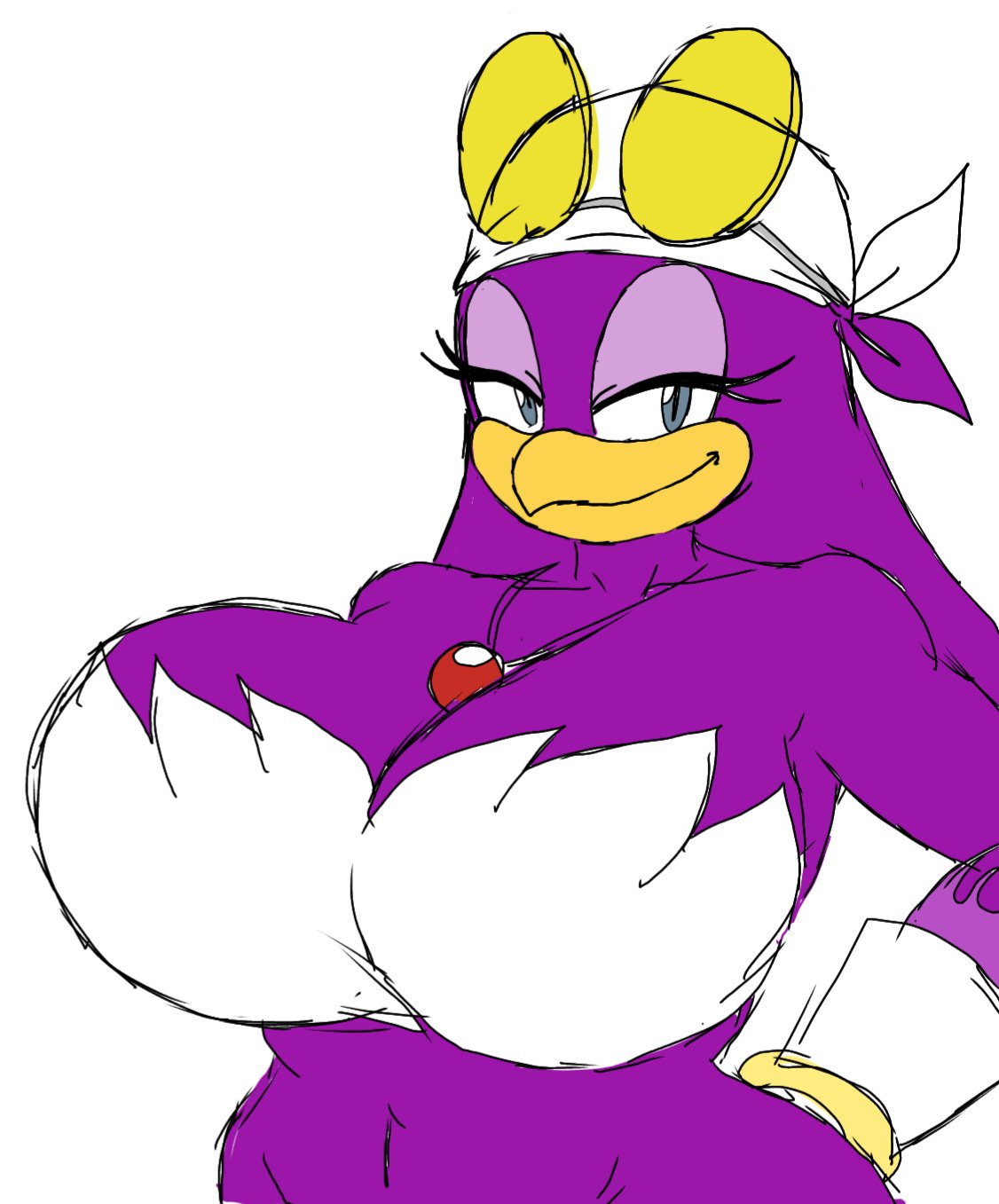 1girls, 2d, 2d (artwork), alternate body type, alternate breast size, avian, bare shoulders, beak, bedroom eyes, big breasts, bird, bird girl, breasts, breasts bigger than head, busty, busty female, curvy, curvy body, curvy female, curvy figure, digital drawing (artwork), digital media (artwork), durag, eyelashes, eyeshadow, feather hair, female, female focus, female only, hand on hip, huge breasts, large breasts, long hair, long hair female, mature, mature woman, momiji (artist), navel, pleasure face, purple feathers, purple hair, purple hair female, simple background, smile, smiling, smiling at viewer, solo, solo female, solo focus, sonic (series), sonic riders, sonic the hedgehog (series), upper body, wave the swallow, white background, yellow beak