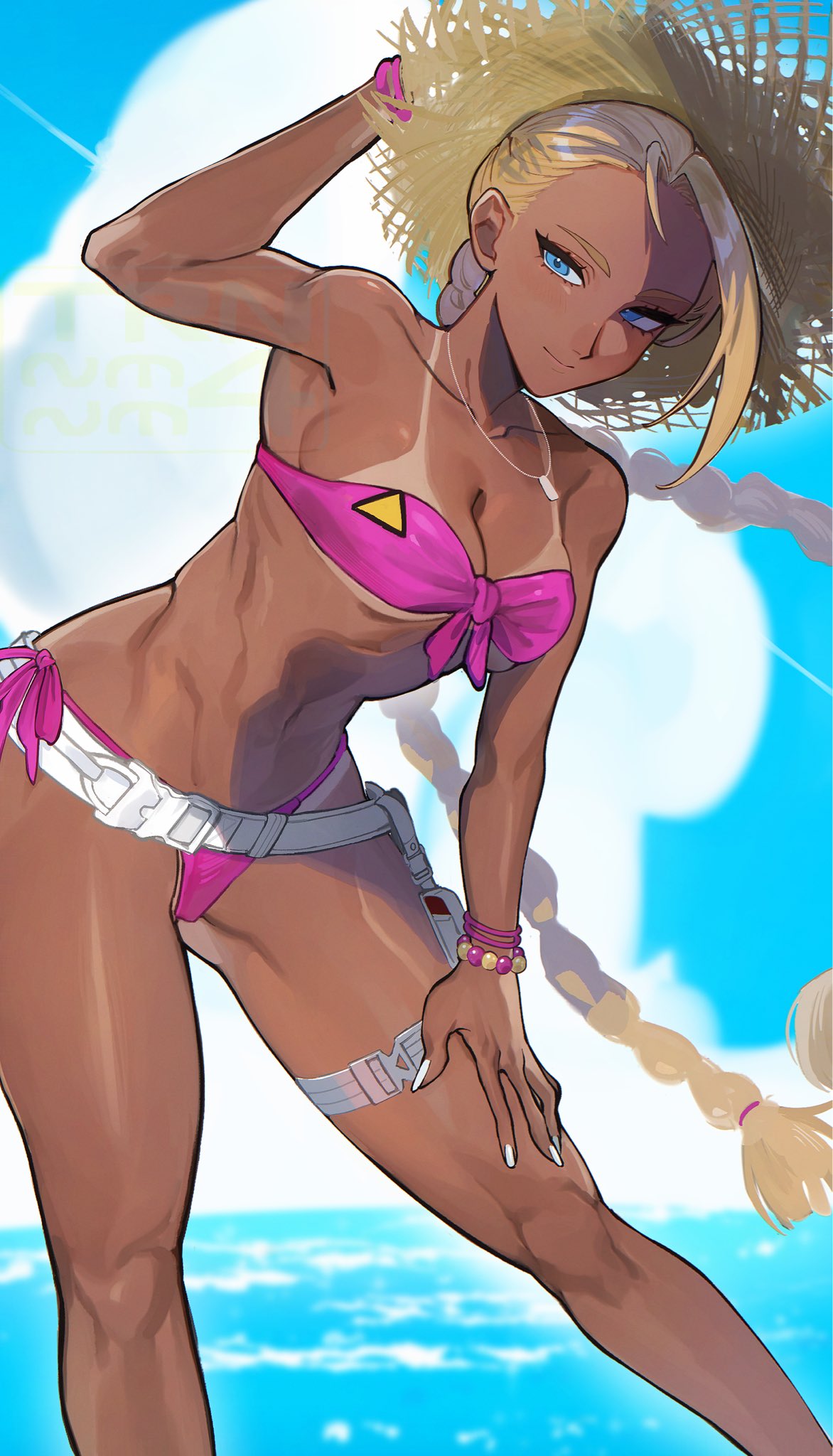 1girls, artist logo, bangle, bead bracelet, beads, belt, bikini, bikini tan, blonde hair, blue eyes, bracelet, braid, breasts, cammy white, cleavage, closed mouth, cloud, commentary, dark skin, dark-skinned female, day, feet out of frame, female, female only, front-tie bikini top, front-tie top, hand on own thigh, hat, highleg, highleg bikini, highres, jewelry, large breasts, leaning forward, light blush, light smile, logo, looking at viewer, multiple bracelets, nail polish, navel, necklace, ocean, official alternate costume, outdoors, pink bikini, pouch, side-tie bikini bottom, solo, standing, strapless, strapless bikini, straw hat, street fighter, street fighter 6, sun hat, swimsuit, symbol-only commentary, tan, tan skin, tanline, thigh belt, thigh strap, trnnmnm4, very long fingernails, watermark, white belt, white nails
