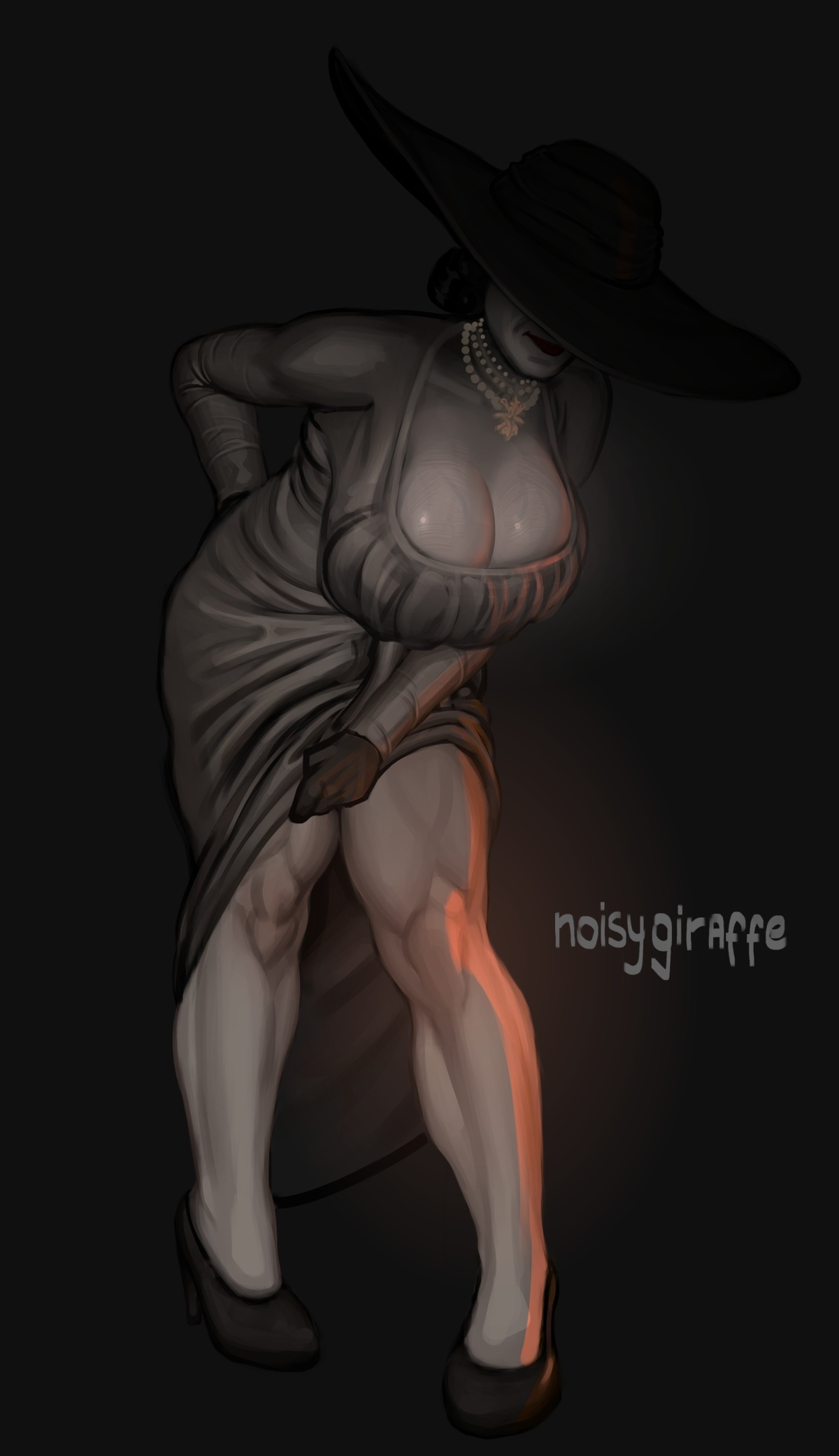 alcina dimitrescu, breasts, breasts bigger than head, clothed, clothing, female, high heels, legs, lighting, muscular, muscular female, muscular legs, muscular thighs, necklace, noisygiraff, partially clothed, resident evil, resident evil 8: village, smile, smiling