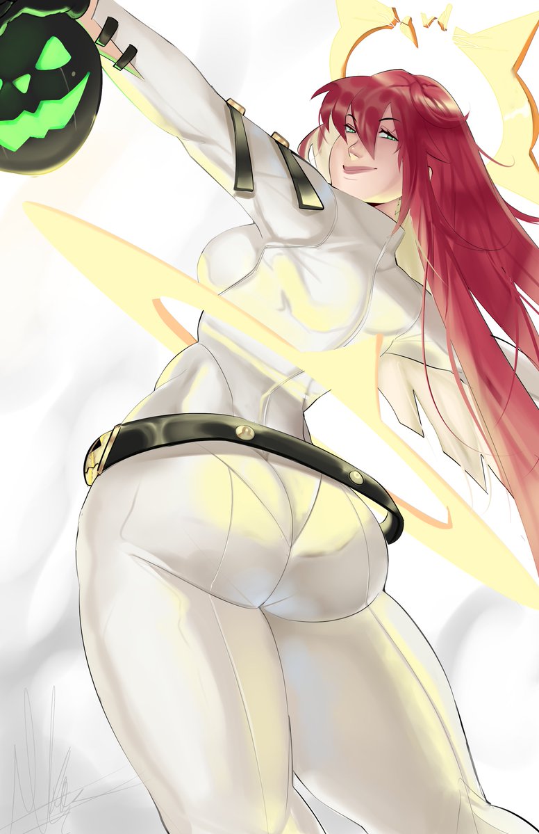 1girls, ahoge, arc system works, ass, bodysuit, breasts, broken halo, female, female only, from behind, gloves, green eyes, guilty gear, guilty gear strive, halo, huge ass, jack-o' valentine, long hair, looking at viewer, medium breasts, open mouth, pantylines, puzzled artist, red hair, shiny clothes, sideboob, skin tight, smile, solo, thick thighs, thighs, very long hair
