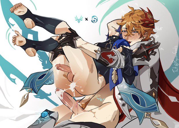 anal sex, ass, big ass, blue eyes, childe (genshin impact), color, cum, cum in ass, cum inside, gay, gay sex, genshin impact, ginger, male, male only, orange hair, penis, purple hair, scaramouche (genshin impact), semen in anus, stirrup legwear, tartaglia (genshin impact), yaoi