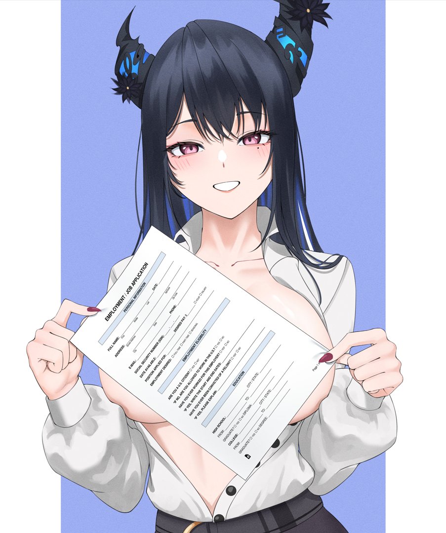 1girls, 2025, anime style, arms behind back, asymmetrical hair, asymmetrical horns, bare stomach, belt, big smile, black and blue hair, black flower, black hair, black nails, black pants, blue background, blue hair, blue highlights, blush, breast focus, breasts, censored, chest focus, cleavage, cleavage focus, colored inner hair, covering breasts, covering nipples, curvy figure, dark nails, demon girl, demon horns, demoness, detailed clothing, detailed eyes, detailed hair, digital art, document, dress shirt, ecchi, excited expression, exposed belly, exposure, eye contact, fair skin, fanservice, female, female focus, female only, flirting, flirting look, flower, flushed cheeks, formal attire, front view, glossy hair, glossy lips, gold jewelry, gold trim, hands up, happy expression, hazeillusts, high quality, highres, holding paper, hololive, hololive english, hololive english -advent-, horn flower, horns, intentional exposure, job application, job interview, large breasts, light skin, light-skinned female, long hair, long sleeves, looking at viewer, meme, meme reference, meta, mole, mole under eye, multicolored hair, nail polish, navel, navel focus, nerissa ravencroft, no bra, office lady, open mouth, open shirt, pale skin, paper, pink eyes, playful expression, red eyes, red nail polish, seductive smile, semi nude, shoulders, sideboob, simple background, slender waist, smile, smooth skin, solo, solo focus, standing, teasing pose, teeth, tits, two-tone hair, unbuttoned shirt, underboob, uneven horns, upper body, vertical, very long hair, viewer pov, virtual youtuber, vtuber, vtuber fanart, wide hips