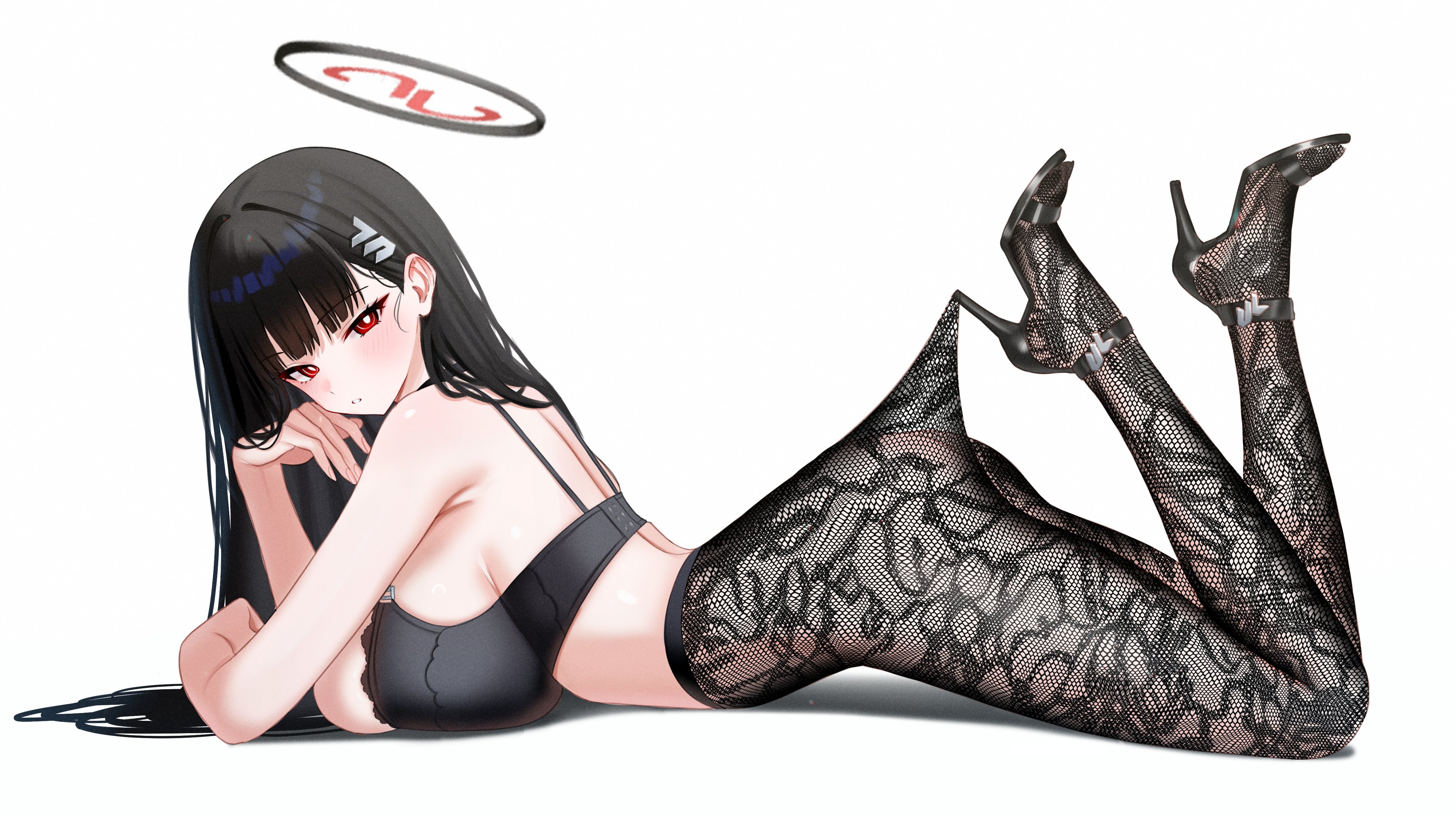 absurdres, alternate costume, ass, black hair, black halo, black pantyhose, black shoes, blue archive, breasts, bright pupils, female, floral print pantyhose, from side, hair ornament, hairclip, halo, high heels, high-waist pantyhose, highres, hooked on heel, lace, lace pantyhose, lace pantyhose hooked on heel (meme), large breasts, long hair, looking at viewer, lying, meme, millennium science school logo, millennium science school student, mizikayo, multicolored halo, on stomach, pantyhose, pantyhose tug, red eyes, rio (blue archive), seminar (blue archive), shoes, simple background, solo, strappy heels, the pose, two-tone halo, white background, white pupils