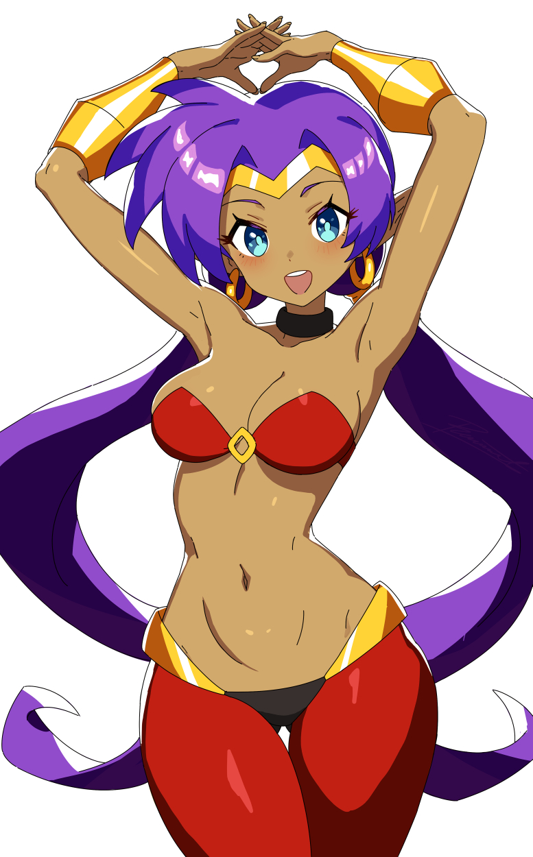 1girls, armpits, arms up, bandeau, blue eyes, bracer, breasts, choker, cleavage, dark skin, dark-skinned female, earrings, female, female only, highres, hoop earrings, interlocked fingers, jewelry, long hair, low twintails, medium breasts, navel, open mouth, own hands together, pants, pointy ears, purple hair, red pants, revenantart, shantae, shantae (character), solo, solo female, twintails, very long hair, white background