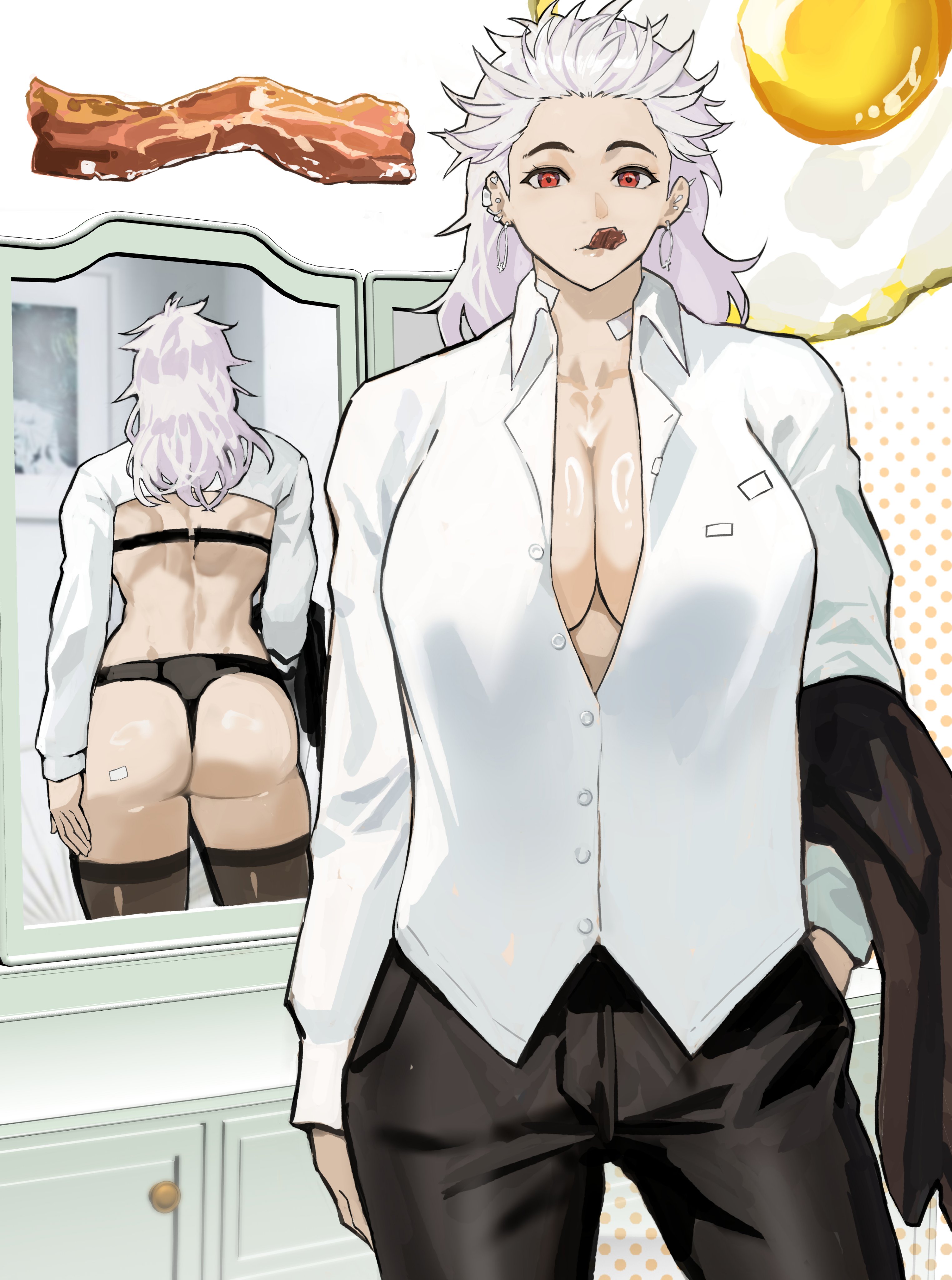 1girls, absurd res, ass, black lingerie, cleavage, dorohedoro, ear piercing, earrings, female, hi res, lingerie, more revealing backside, noi (dorohedoro), ongjolpark, red eyes, white hair