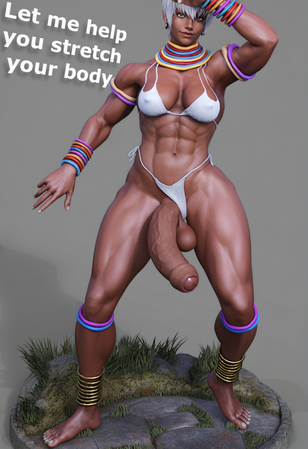 3d, abs, balls, bikini, bikini aside, bikini bottom, bikini top, blue eyes, breasts, cock out, dancing, dark skin, dark-skinned futa, elena (street fighter), feet, flaccid, flaccid penis, foreskin, futa only, futanari, half-erect, hdregrets, intersex, large balls, large penis, long penis, muscular, muscular futa, muscular legs, panties aside, partially retracted foreskin, penis, retracted foreskin, short hair, street fighter, street fighter 6, swimsuit, thick thighs, uncircumcised, uncut, uncut futa, uncut penis, white hair