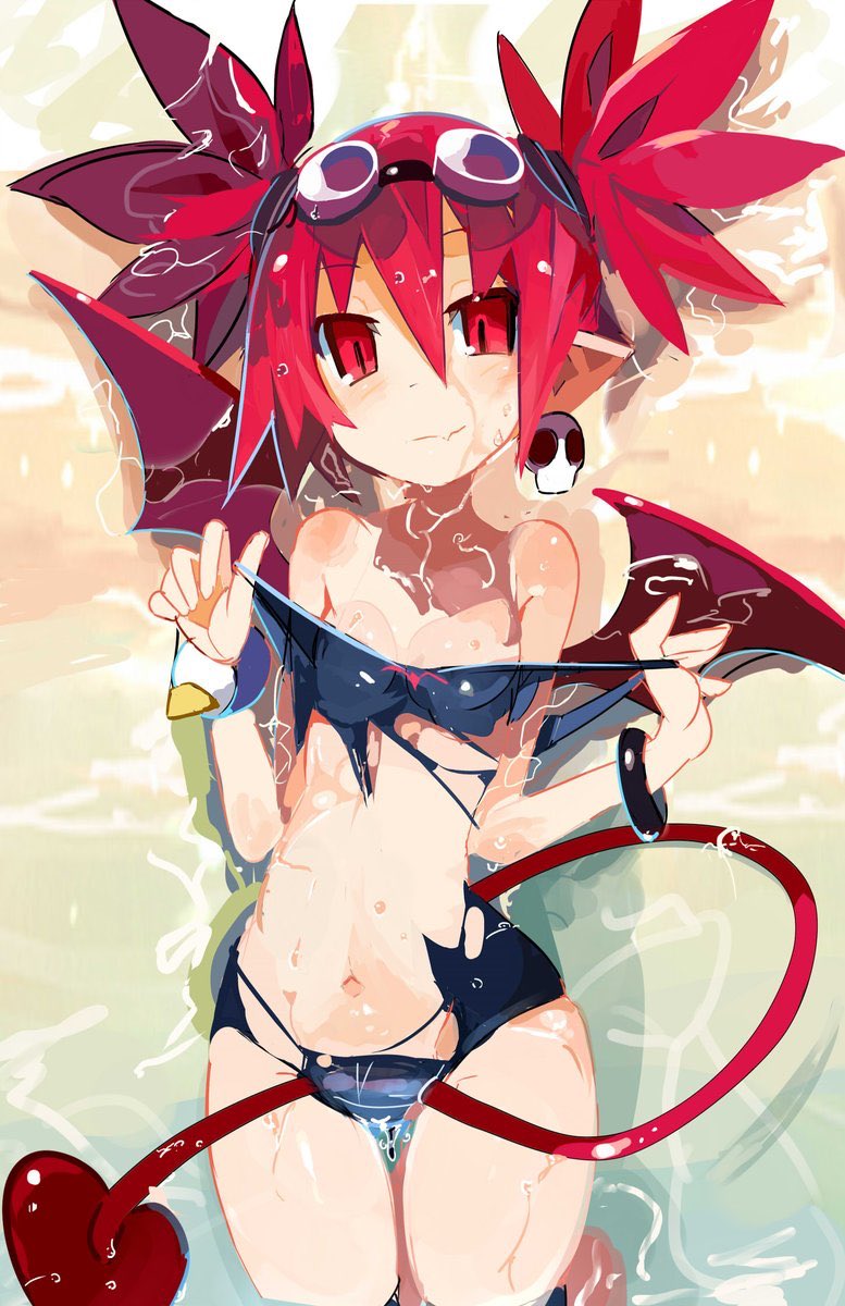 beach, disgaea, disgaea 1, etna, flat chest, heart-shaped tail, miyakawa106, nippon ichi software, seaside, succubus, succubus tail, succubus wings, torn clothes, wet, wet skin
