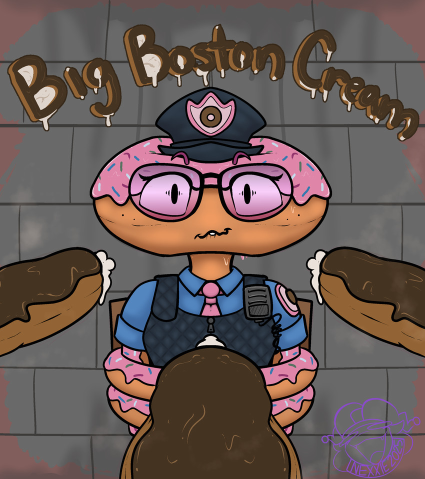 absurd res, blush, bodily fluids, boston creme donut, clothed, clothing, constable sprinkle, dessert, doughnut, doughnut head, epic games, female, food, food creature, food head, for a head, fortnite, frosting, frosting hair, hair, hi res, humanoid, nexxiethejester, object head, pastry, police, police officer, police uniform, questionable consent, solo, sweat, text, uniform