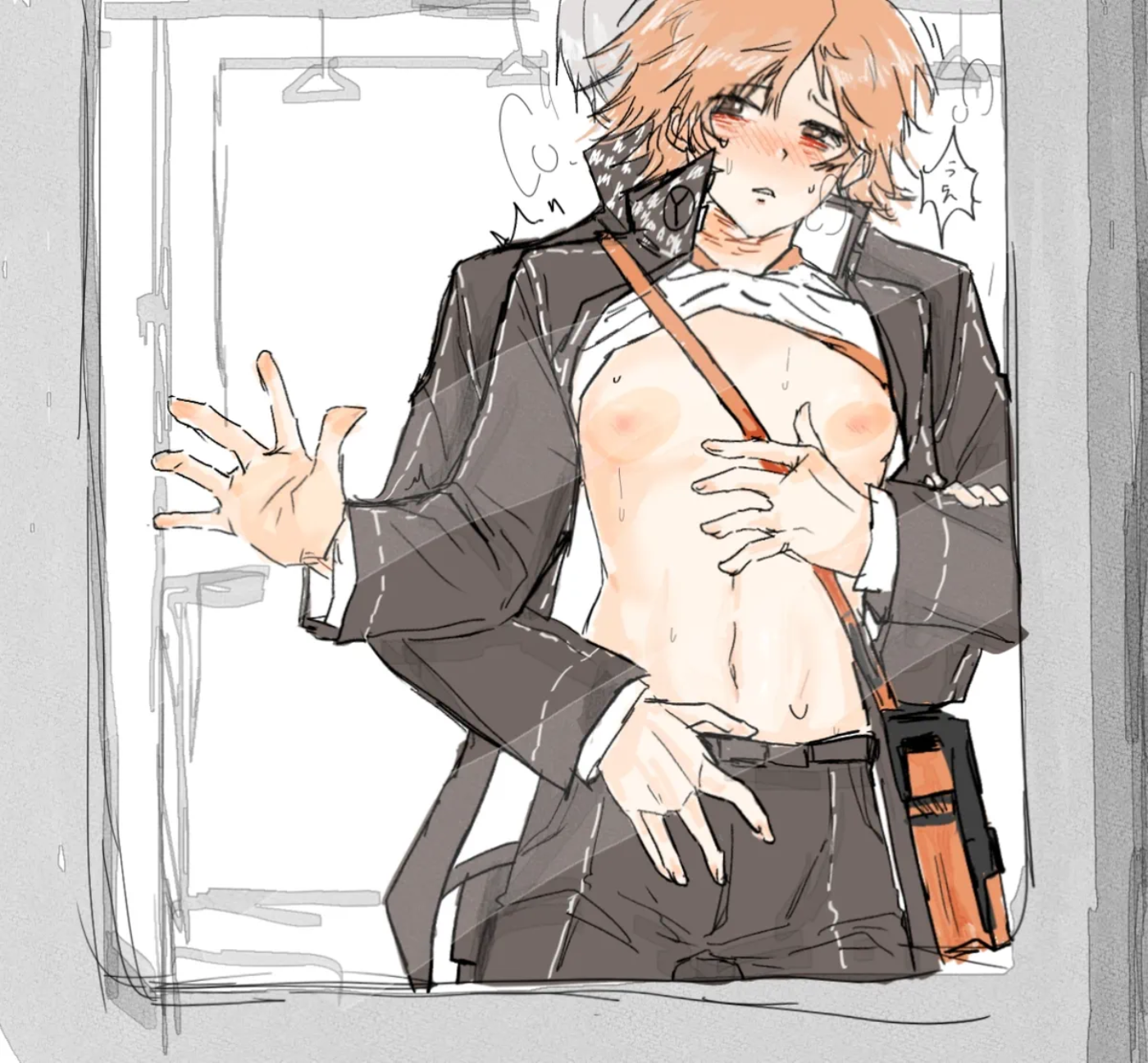 2boys, against glass, against surface, against window, bag, clothed, clothing, embarrassed, femboy, feminine male, flustered, flustered male, gay, grey hair, hanamura yousuke, hand on glass, male, narukami yu, nipples, orange hair, persona, persona 4, public, school uniform, seta souji, shin megami tensei, train, yaoi
