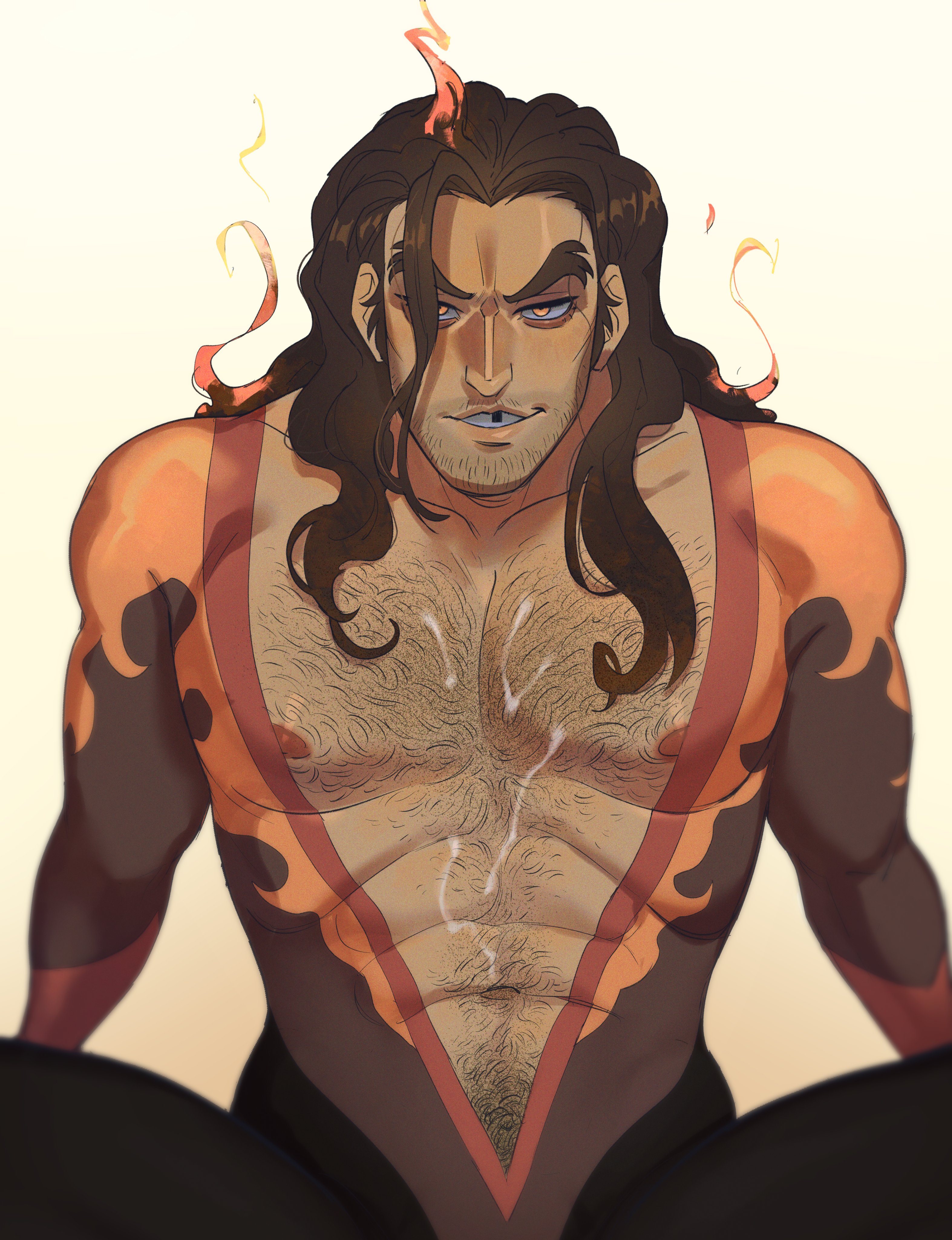 bara, chest hair, cum, cum on body, dispatch (game), flambae, gay, hairy, hairy chest, long hair, male, male only, muscular, muscular male, oyabuchu, yaoi