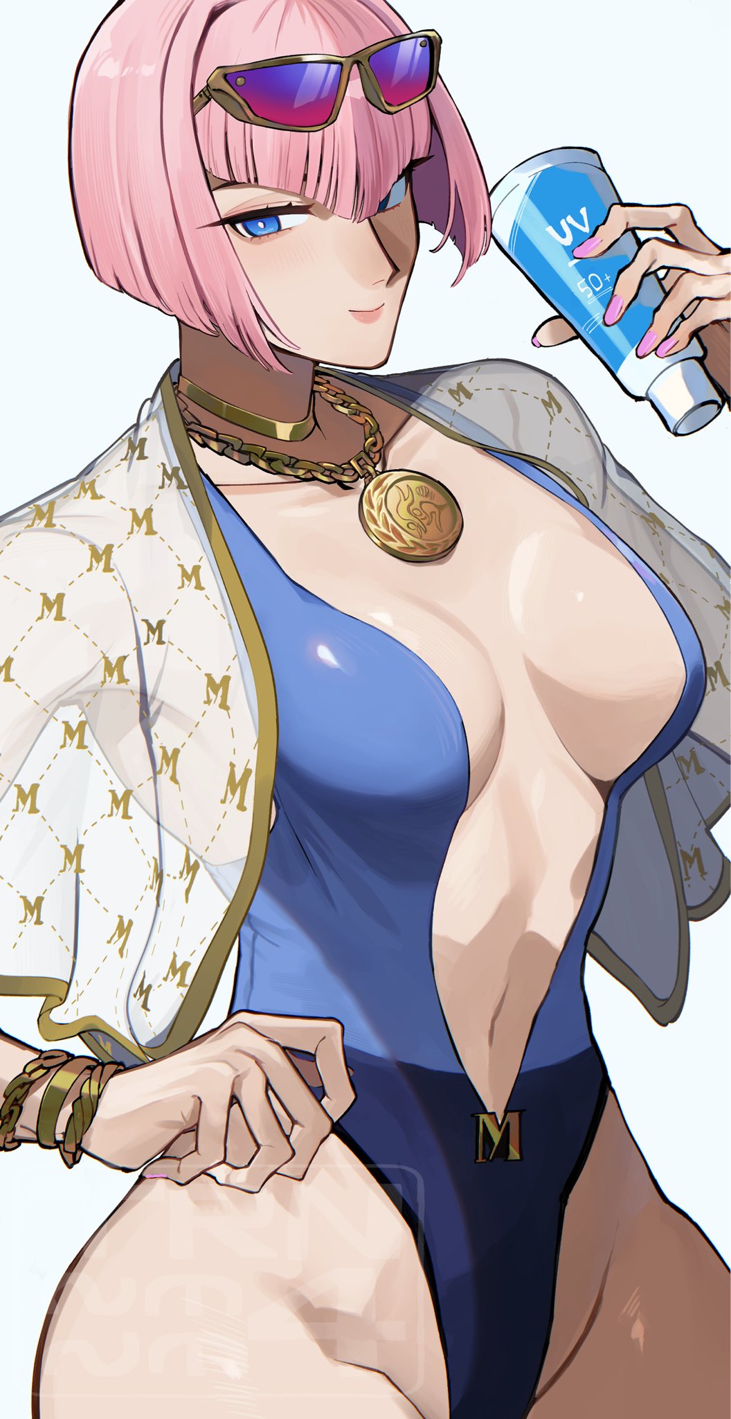 armlet, blue eyes, blue leotard, breasts, closed mouth, collarbone, commentary, eyewear on head, female, female only, hand up, highres, jewelry, leotard, looking at viewer, manon legrand, medium breasts, muscular, muscular female, navel, pink hair, simple background, solo, street fighter, street fighter 6, sunglasses, symbol-only commentary, trnnmnm4