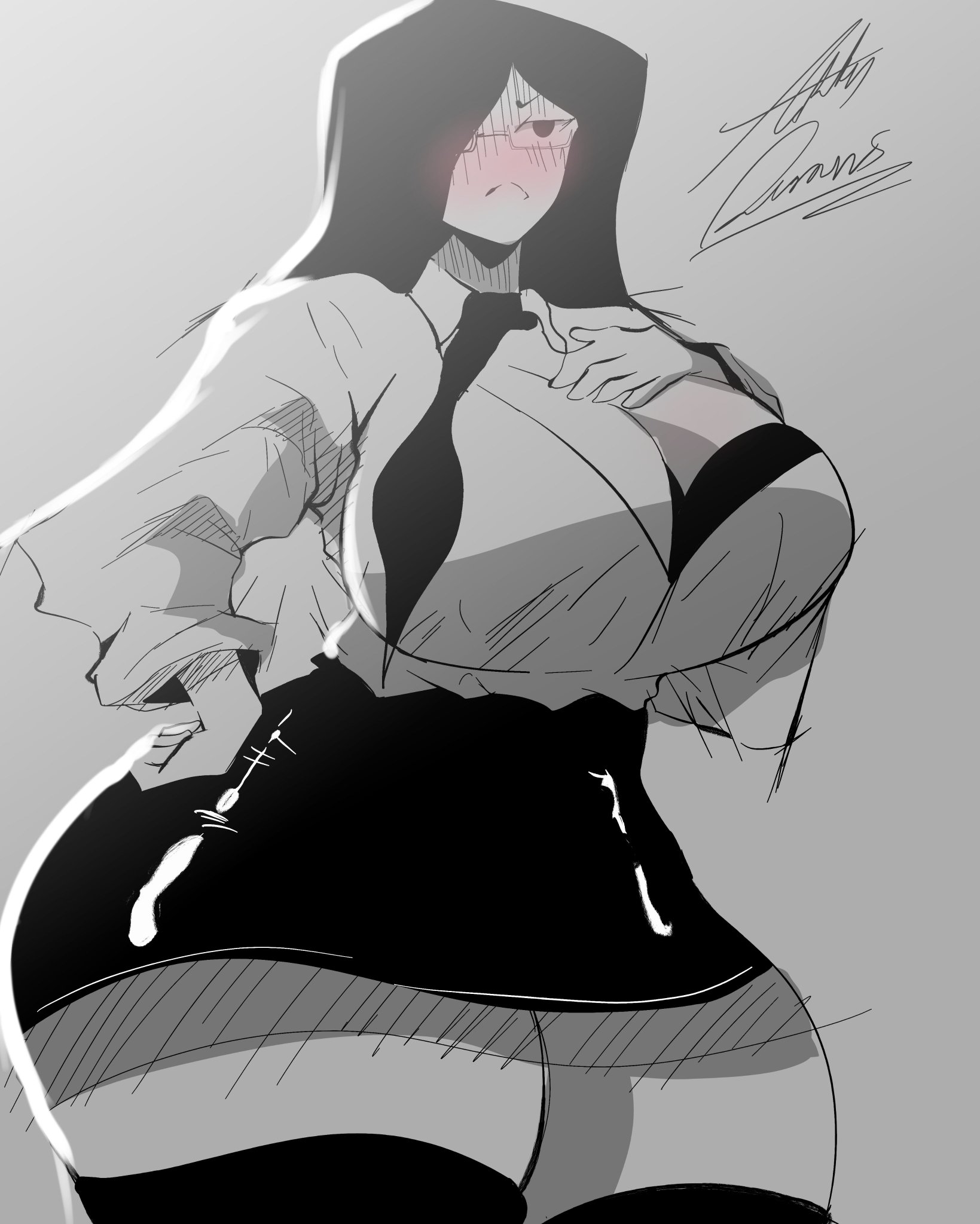 arty, baggy shirt, big breasts, blush, bra, breasts, cleavage, hourglass figure, office lady, office lady (atastic), stockings, thick thighs