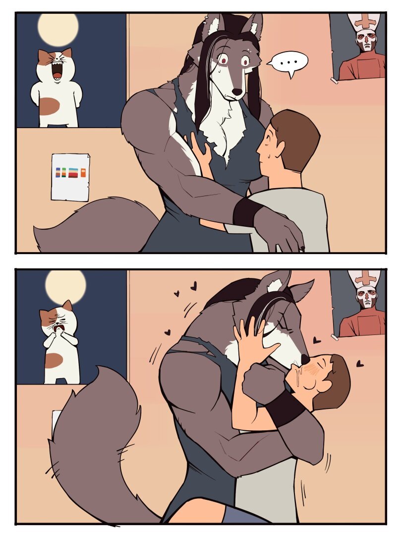 1boy, 1girls, anthro, anthrofied, big breasts, bigger female, bonnymama7, boonie baby, breast grab, breasts, breasts bigger than head, brown hair, canid, canine, canis, closed eyes, comic, ears, female, furrification, furry, grey body, grey fur, hearts around head, huge breasts, hugging, human, human to anthro, humor, imminent sex, in love, indoors, interspecies, kissing, light-skinned male, long hair, looking at another, male, male/female, moon, muscular, muscular female, night, night sky, red eyes, russian text, saliva, size difference, species transformation, tail, torn clothes, two-tone body, two-tone fur, were, werecanid, werecanine, werecreature, werewolf, werewolf girl, white fur, wolf, wolf girl