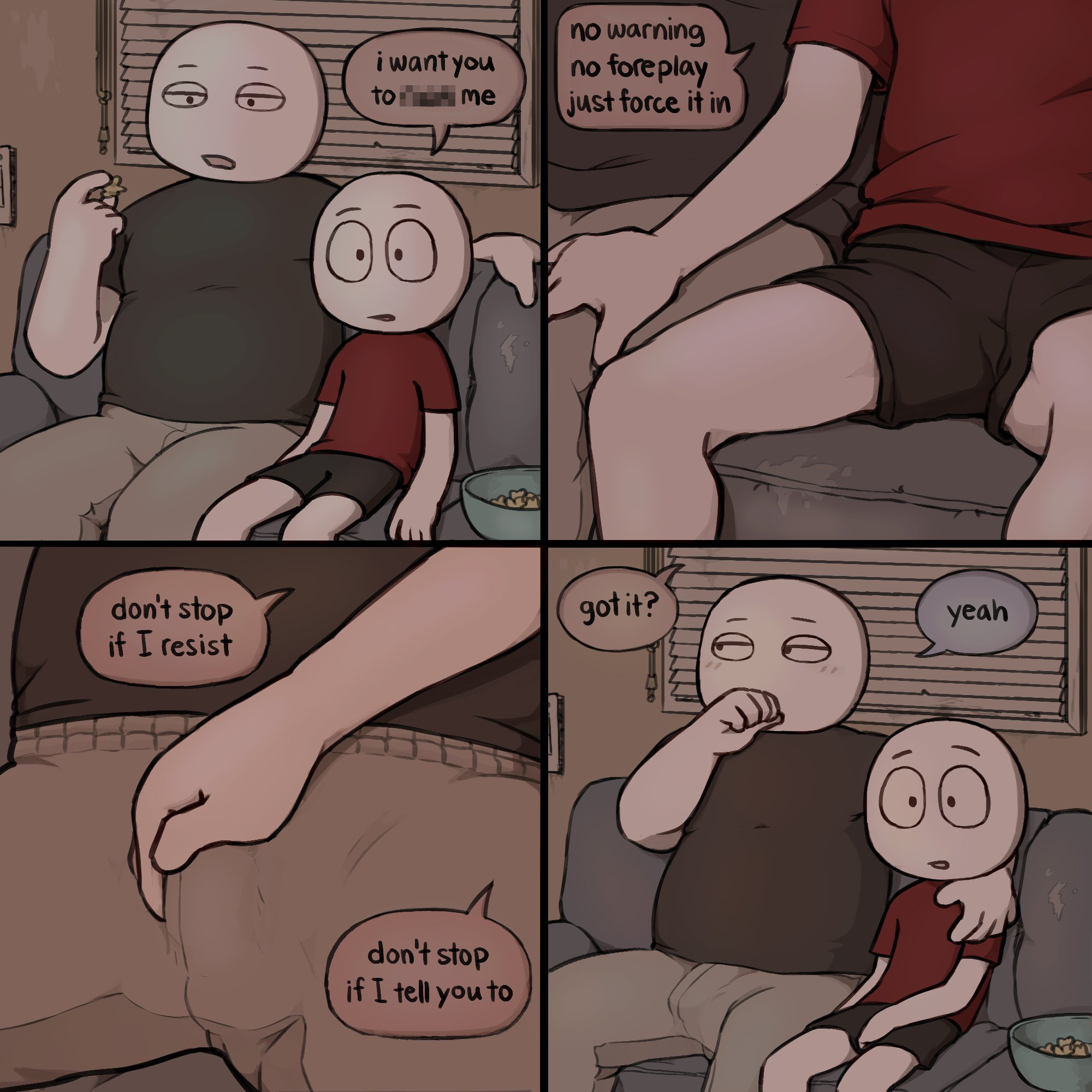 2boys, 4koma, alex (homunculus), androgynous, bbm, big guy (homunculus), bulge, bulge grab, bulge through clothing, censored text, comic, couch, couple, english text, gay, gay male, height difference, homunculus100, rape fantasy, tall male, text, yaoi