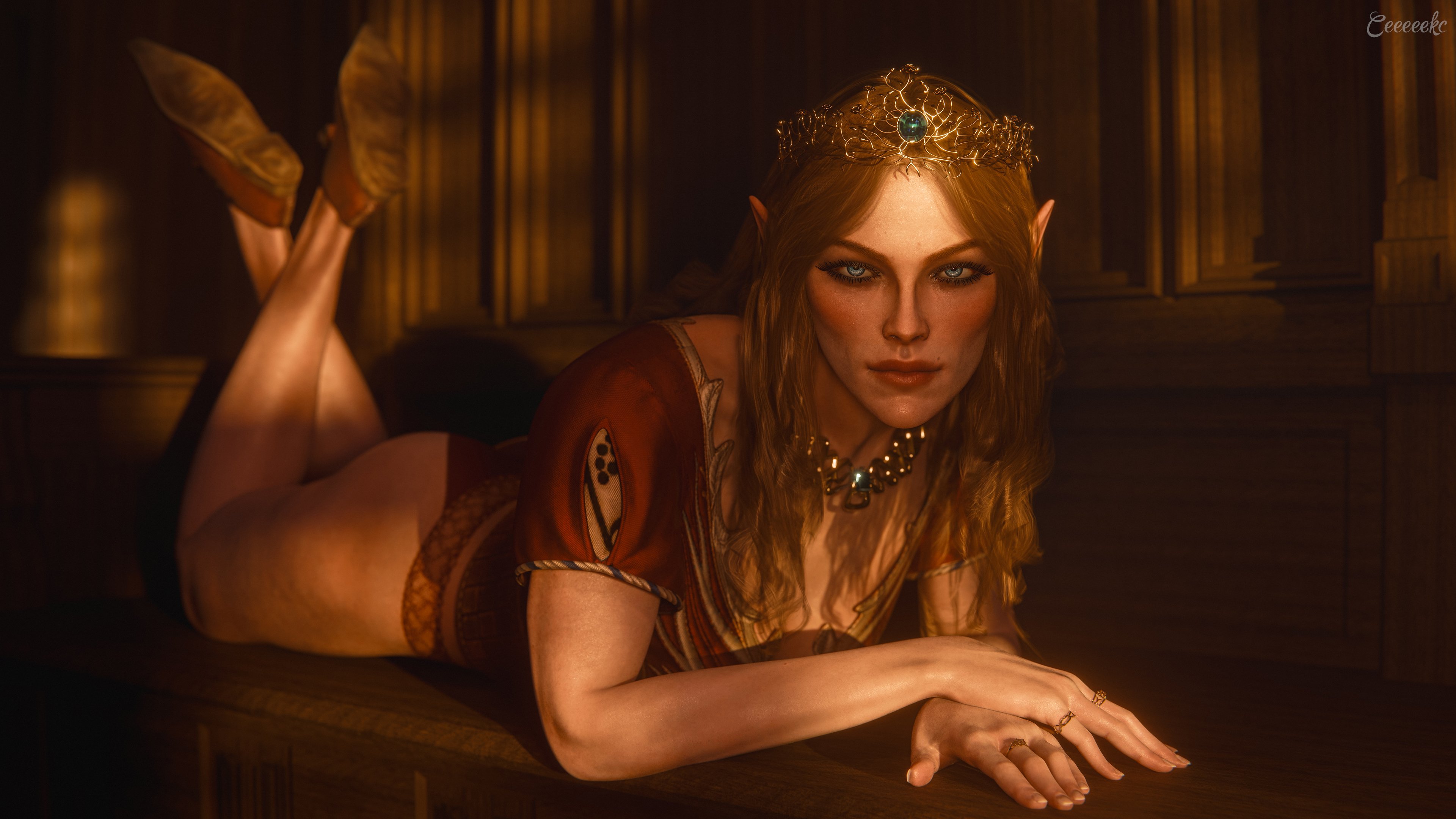 3d, ass, blonde hair, blue eyes, cd projekt red, ceeeeekc, crown, elf, elf ears, elf female, female, female only, francesca findabair, legs up, light skin, light-skinned female, lingerie, looking at viewer, mascara, necklace, panties, the witcher (series), the witcher 3: wild hunt
