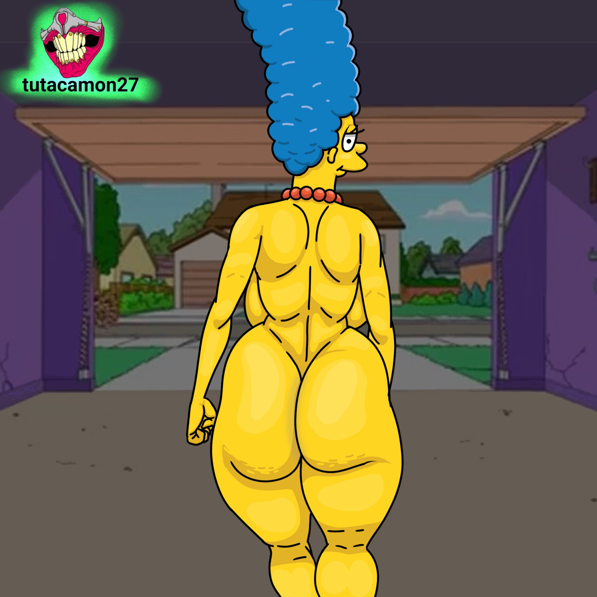 1girls, big ass, big breasts, blue hair, breasts, female, looking back, marge simpson, the simpsons, thick thighs, walking, yellow body, yellow skin