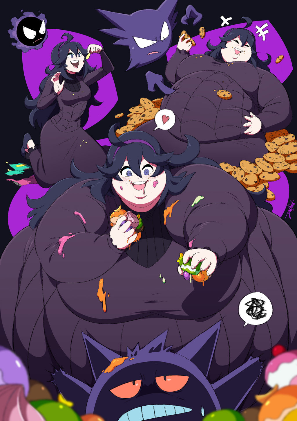 :d, 1girls, ahoge, artist signature, big belly, big breasts, breasts, candy, cookies, dark background, double chin, dress, eating, fat, female, food on face, fully clothed, gengar, ghastly, hair ornament, hand on belly, happy, haunter, headband, heart, hex maniac, huge belly, jeetdoh, long hair, love handles, massive belly, navel outline, obese, obese female, overweight, overweight female, plain background, pokemon, poking belly, purple eyes, purple hair, round belly, solo, solo female, ssbbw, weight gain, weight gain sequence