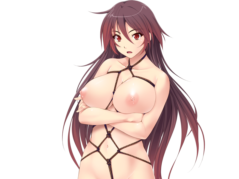 bondage breasts crossed_arms female femsub ishii_akira large_breasts miel nipples shiroyama_saki simple_background solo