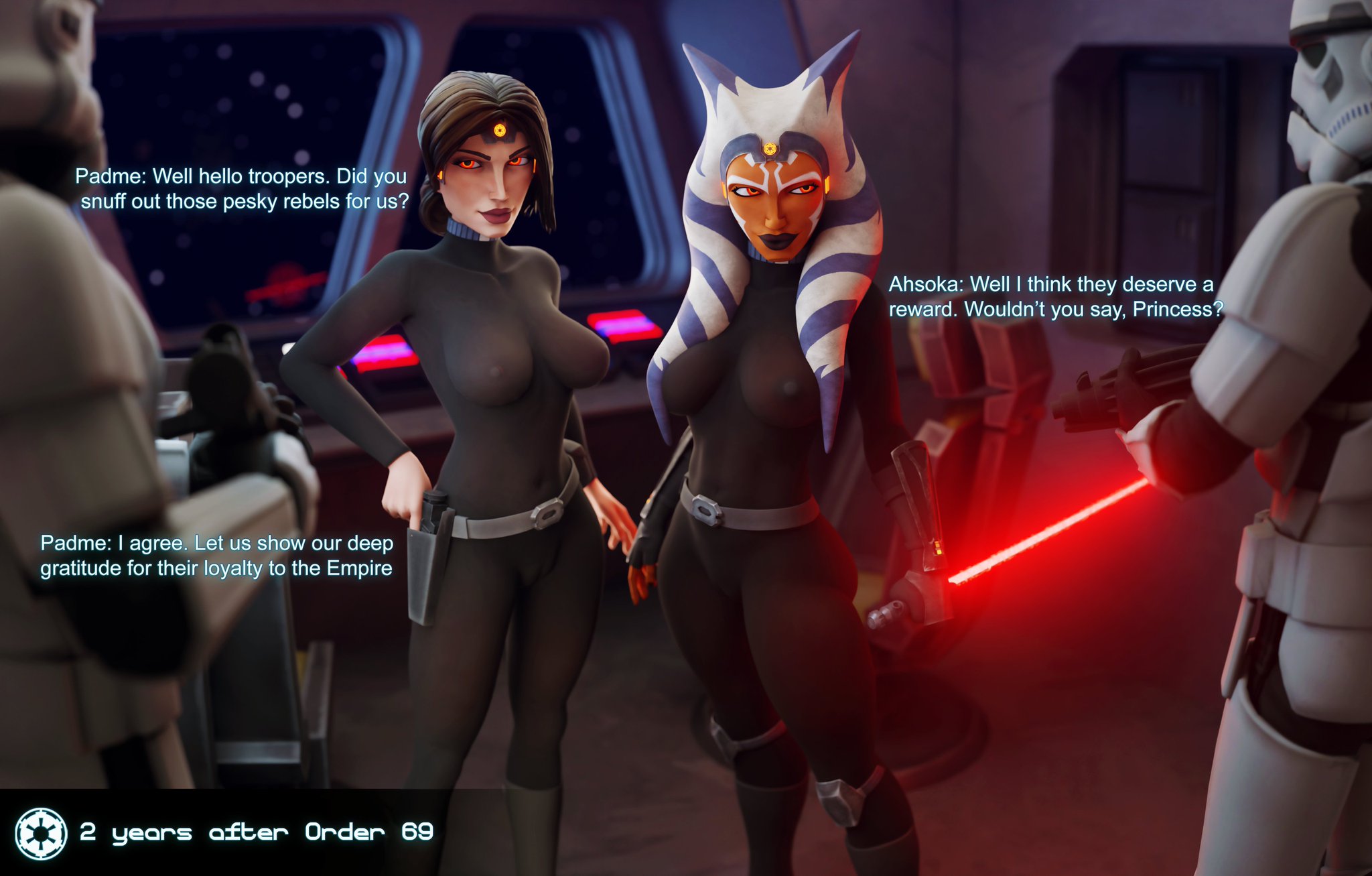 2girls, 3d, ahsoka tano, ahsoka tano (imperial), alien, alien girl, alien humanoid, ass, big ass, big breasts, breasts, clone wars, clothing, curvaceous, curvy, curvy figure, dark skin, dinoboy555, female, hair tentacles, hips, hourglass figure, huge ass, huge breasts, human, humanoid, large ass, large breasts, legs, light skin, light-skinned female, lucasfilm, mature, mature female, orange body, orange skin, orange-skinned female, padme amidala, padme amidala (imperial), pale skin, sith, slim waist, star wars, star wars rebels, star wars: ahsoka, tentacle hair, thick, thick hips, thick legs, thick thighs, thighs, togruta, voluptuous, waist, weapon, wide hips
