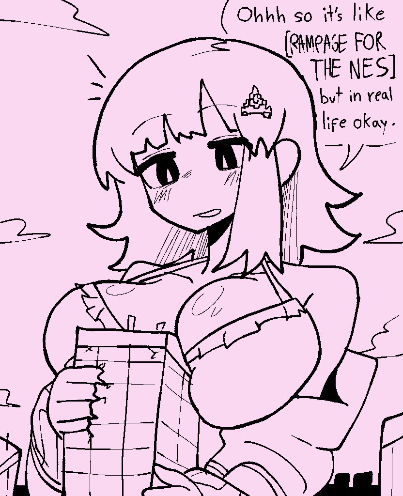 between breasts, breasts, building, building destruction, danganronpa, danganronpa 2: goodbye despair, destruction, dialogue, female, funny, giantess, huge breasts, hugging building, macro, macro female, macrophilia, maruwoah, nanami chiaki, rampage (game)