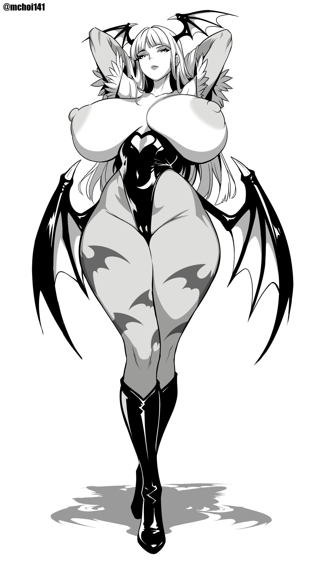 1girls, animal print, animal print legwear, arms behind head, arms up, bare shoulders, bat print, bat print legwear, big breasts, big legs, big thighs, black leotard, breasts, bridal gauntlets, capcom, darkstalkers, feathers, female, female focus, female only, from behind position, greyscale, hands behind head, huge breasts, large breasts, leotard, looking at viewer, mchoi141, morrigan aensland, navel, navel visible through clothes, pose, posing, posing for the viewer, showing breasts, showing off, solo, solo female, solo focus, succubus, thick hips, thick legs, thick thighs, vampire (game), vampire savior, wide hips, wide thighs
