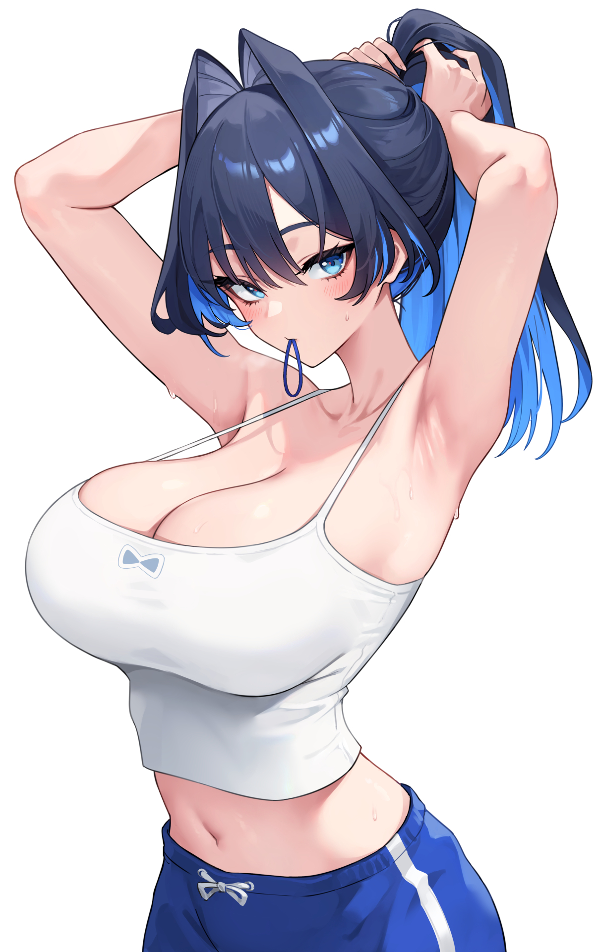 armpit focus, armpits, arms up, black hair, blue eyes, blue hair, blue shorts, breasts, camisole, cleavage, colored inner hair, commentary, english commentary, female, hair flaps, hair intakes, hair tie in mouth, highres, hololive, hololive english, hololive english -council-, hololive english -promise-, large breasts, looking at viewer, midriff, mouth hold, multicolored hair, navel, oopartz yang, ouro kronii, presenting armpit, shorts, simple background, solo, sweat, tying hair, virtual youtuber, white background, white camisole