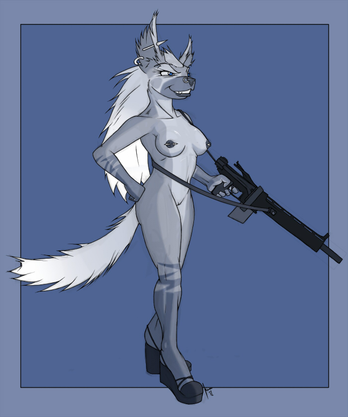 anthro breasts cyera furry gun krinkels nude piercing pussy ranged_weapon rifle weapon