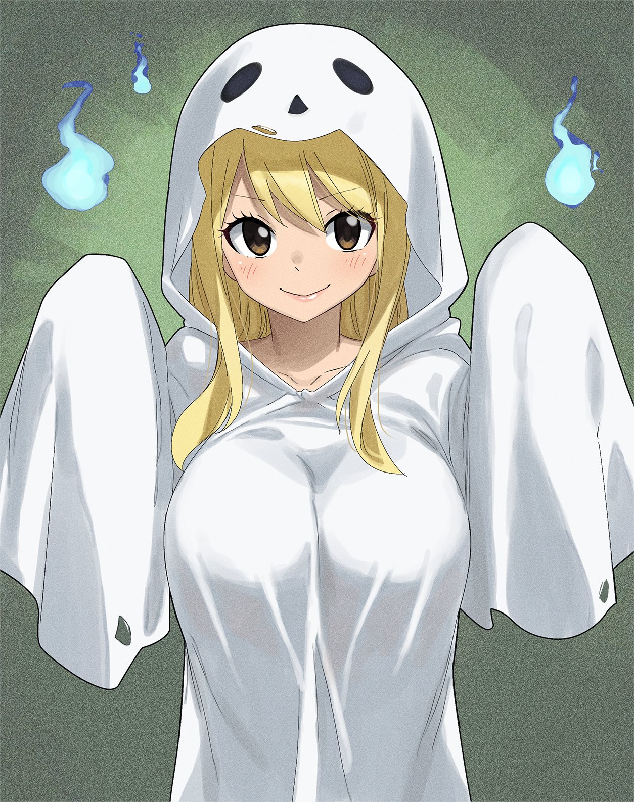 1girls, alternate costume, blonde hair, blonde-haired female, breasts, brown eyes, fairy tail, female, gaston18, ghost costume, halloween, highres, hitodama, large breasts, long hair, looking at viewer, lucy heartfilia, solo