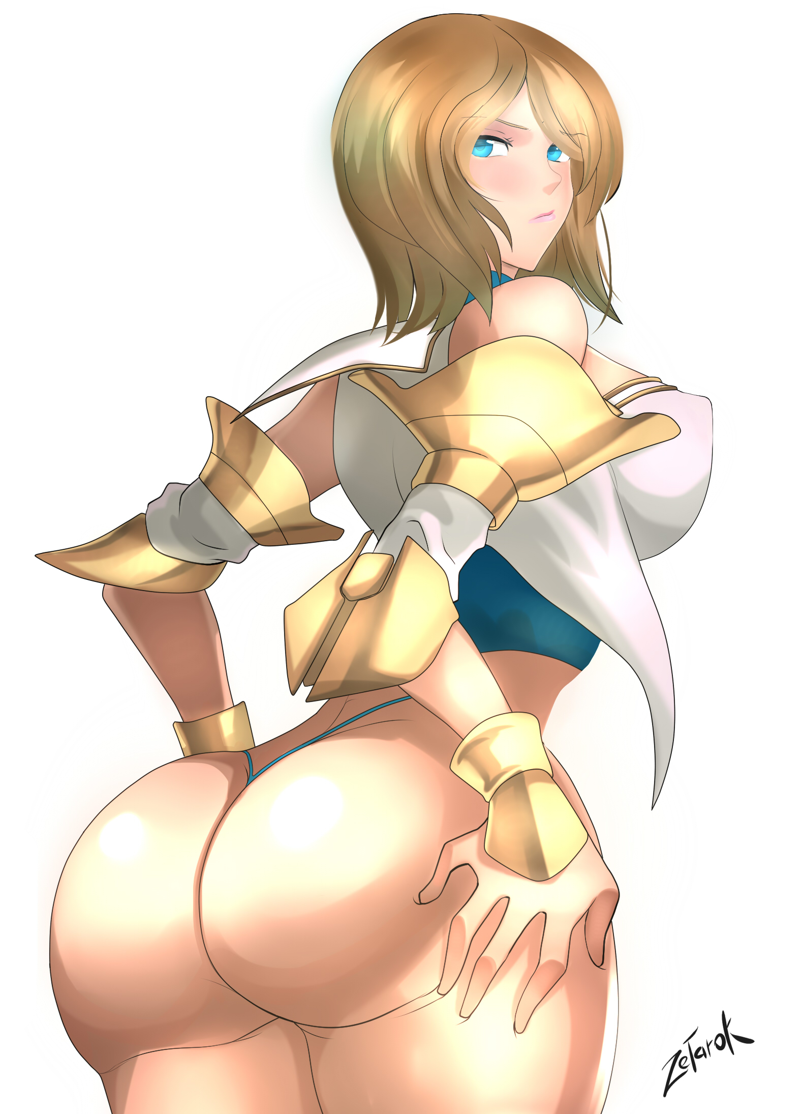 1girls, 2d, aqua eyes, ashelia b'nargin dalmasca, ass, back view, big ass, blush, breasts, brown hair, choker, female, female only, final fantasy, final fantasy xii, human, human female, looking back, pose, short hair, sideboob, simple background, solo, solo female, standing, thick thighs, thong, voluptuous, wide hips, zetarok