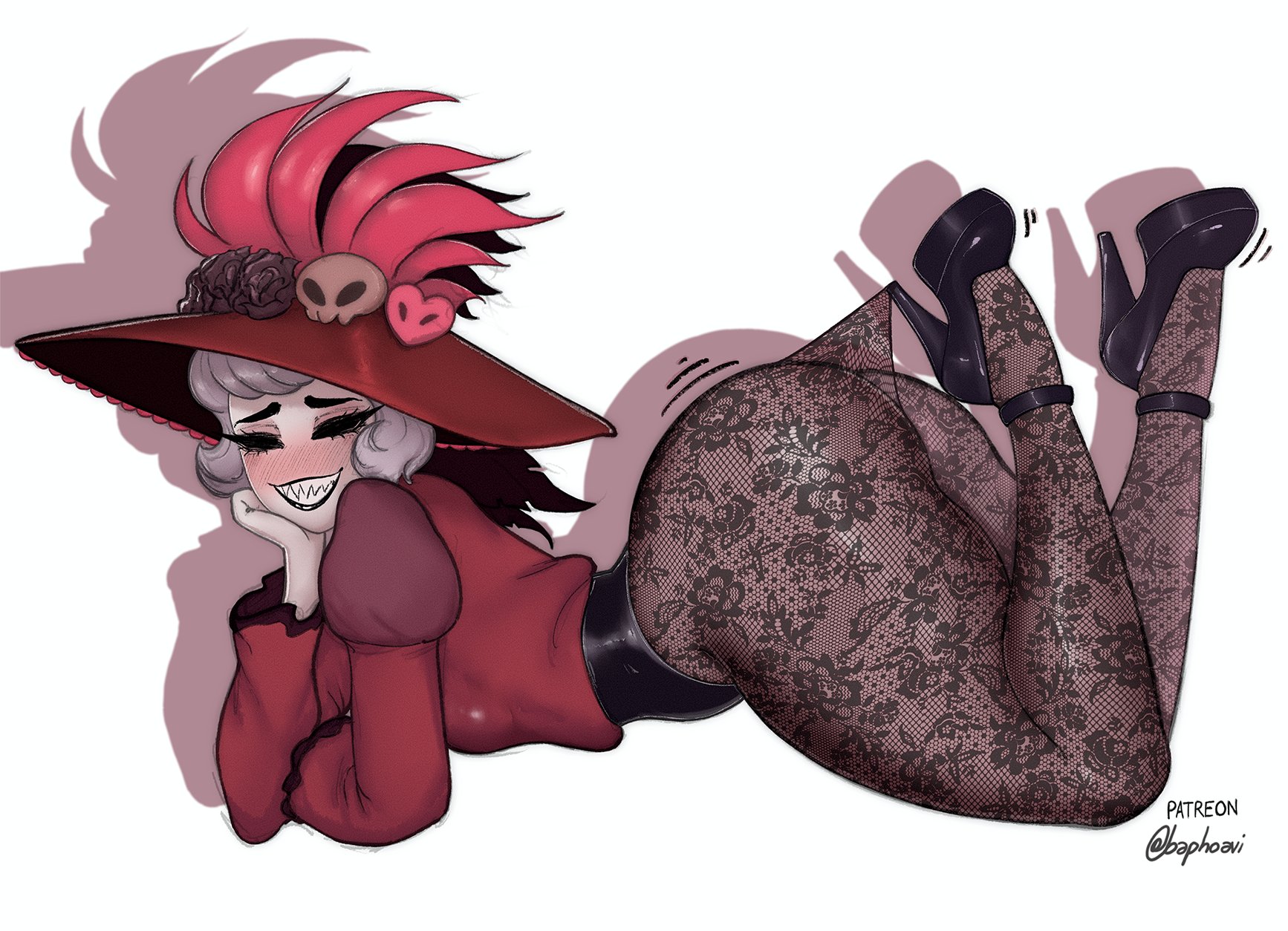 2025, ass, baphoavi, blush, clothed, clothing, fat ass, female, fully clothed, hazbin hotel, hi res, high heels, lace pantyhose hooked on heel (meme), pointy teeth, rosie (hazbin hotel), solo, thick thighs