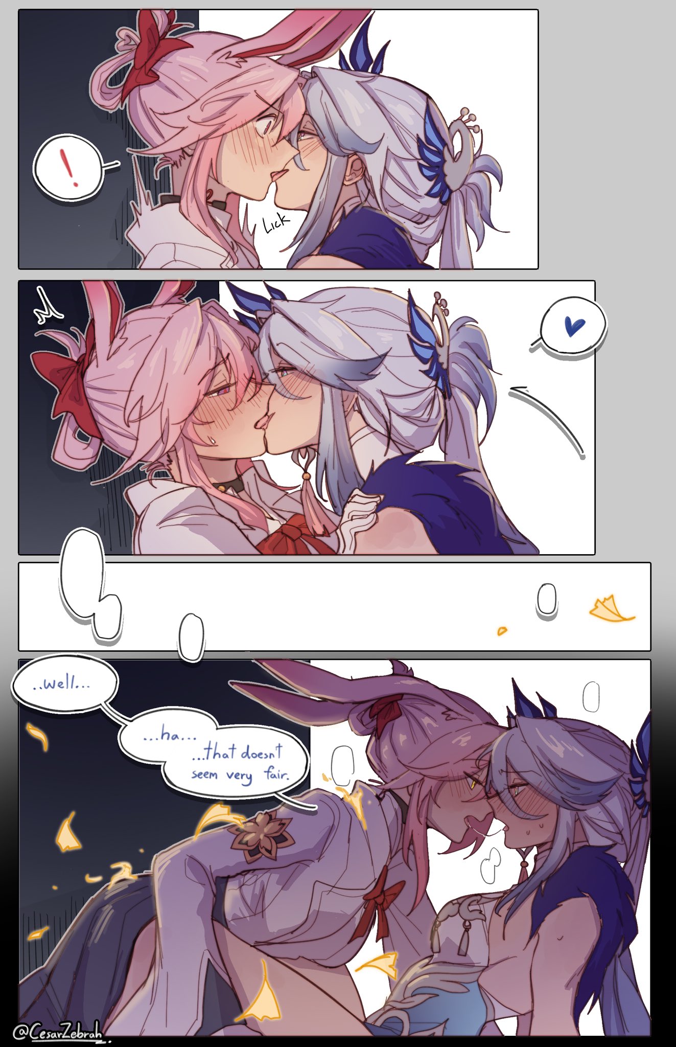 blush, blushing, cesarzebrah, clothed, clothes, clothing, comic, dominant female, domination loss, dress, evanescia (honkai: star rail), fox ears, fox girl, girls kissing, honkai (series), honkai: star rail, hoyoverse, instant loss, kiss, kissing, long hair, peacock, saliva, saliva string, saliva trail, skirt, submissive female, suggestive, yao guang (honkai: star rail), yuri