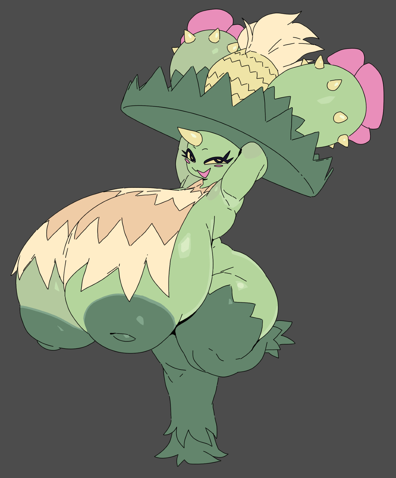 2025, adriana (rubyqm), aortauricle, big areola, big breasts, blush, breast focus, breasts, breasts bigger than head, breasts bigger than torso, cactus, color, commission, curvy, curvy female, curvy figure, digital media, flora fauna, gigantic breasts, green areola, green body, green nipples, green skin, grey background, hands behind head, hat, huge breasts, hyper breasts, large nipples, leg up, looking at viewer, ludicolo, maractus, muscular back, nintendo, nipples, nude, nude female, plant, plant girl, pokemon, pokemon (species), pose, rear view, shiny skin, smile, smiling, smiling at viewer, smooth skin, sombrero, thick thighs, thighs, yellow eyes