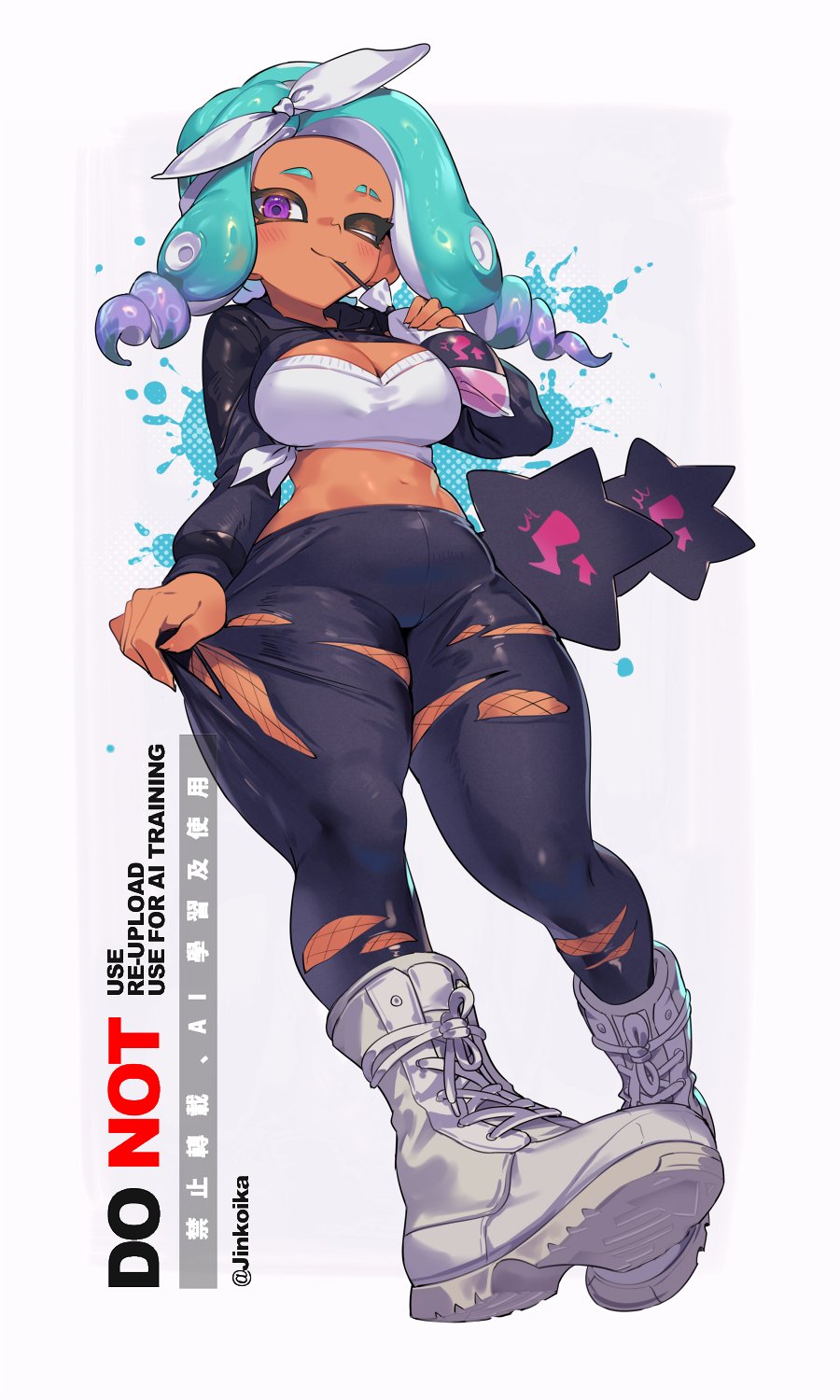 black leggings, black shrug, blue hair, boots, bow, breasts, cleavage, closed mouth, commentary, dark skin, dark-skinned female, drink, drink bag, drinking, drinking straw, drinking straw in mouth, eyebrow cut, female, full body, gradient hair, hairbow, highres, holding, holding drink, jinkoika, large breasts, leggings, long sleeves, looking at viewer, medium hair, midriff, multicolored hair, narrow waist, navel, nintendo, octoling, octoling girl, octoling player character, one eye closed, parted bangs, purple eyes, purple hair, shirt, shrug (clothing), smile, solo, splatoon, splatoon (series), symbol-only commentary, tentacle hair, thick thighs, thighs, tied shirt, torn clothes, torn leggings, white boots, white bow, white shirt, wide hips