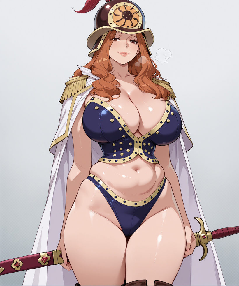 1girls, ai generated, alex schura, amazoness, aphelandra, beautiful, best waifu, brown hair, brown-haired female, clothed female, clothing, female, female only, happy female, one piece, orange hair, overlady, scary, solo female, tall woman, unreachable, waifu