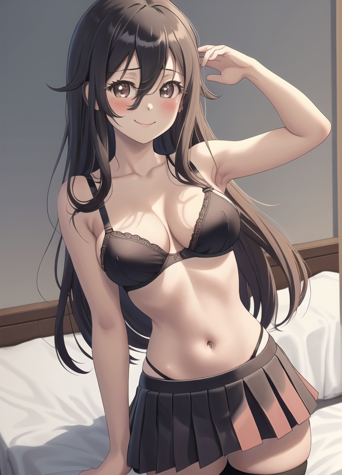 ai_generated belly belly_button black_bra black_skirt blush blushing bra brown_eyes brown_hair cleavage closed_mouth g-string goe_ishikawa in_bed ishikawa_goe kneeling lace lace-trimmed_bra lingerie long_hair looking_at_viewer navel release_the_spyce skirt slombert smile smiling smiling_at_viewer thigh_skindentation thighs white_skin