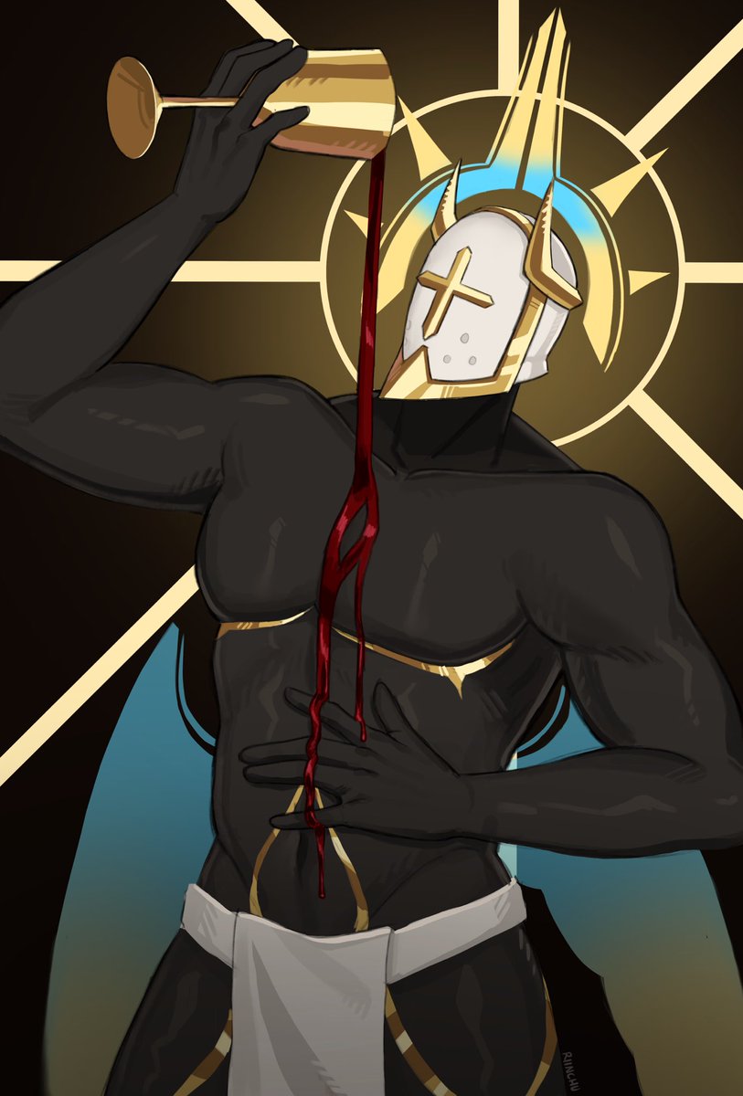 angel angel_wings black_skin buff gabriel_(ultrakill) halo helmet knight knight_helmet male male_focus male_only muscular muscular_male new_blood_interactive pecs pouring_on_breasts pouring_on_self pouring_onto_self pouring_wine riinchu solo_male ultrakill